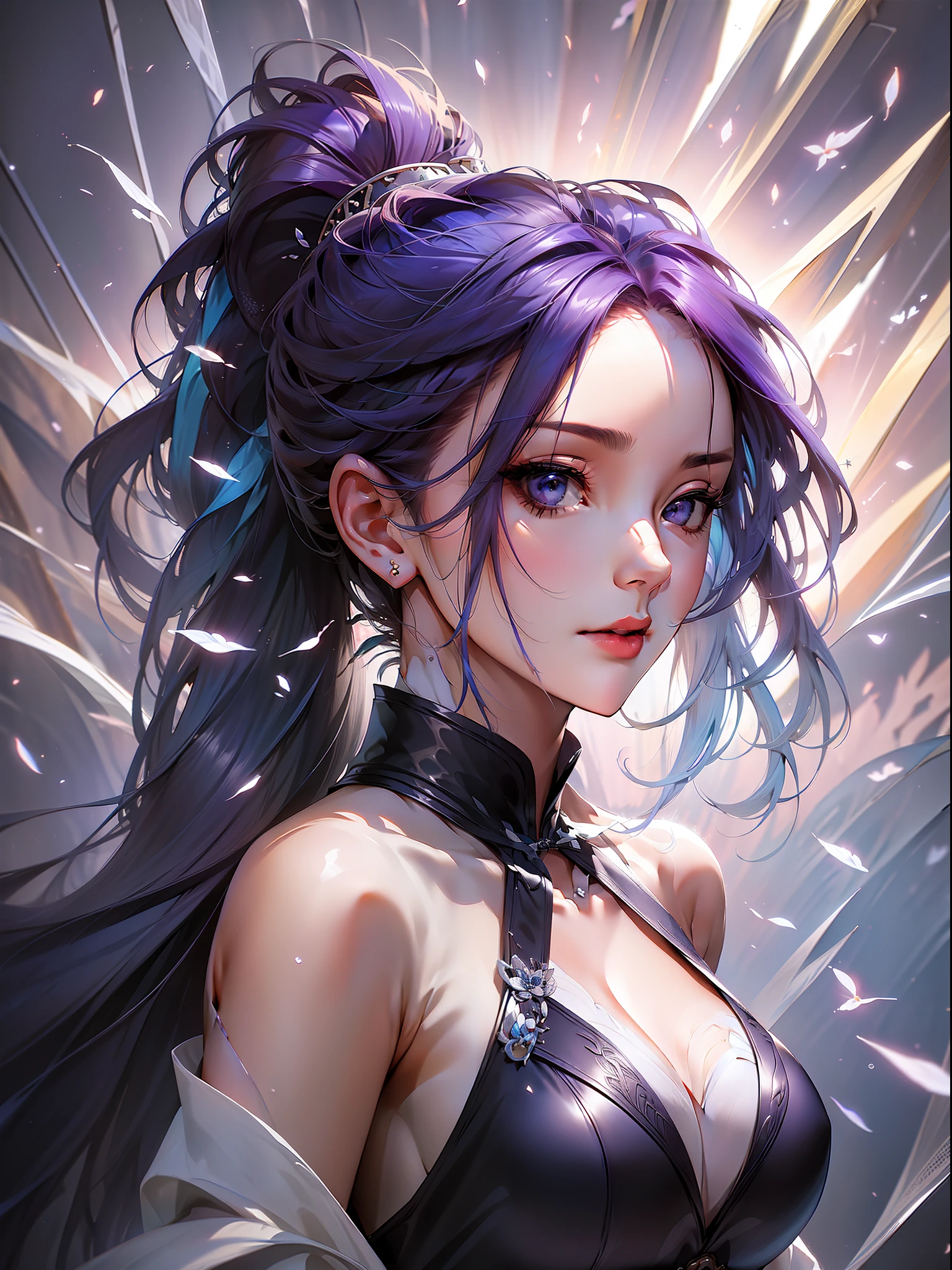 solo, beautiful female, wuxiaworld, wind blow, blossom, on the fog road, multicolored hair, blue hair, purple hair, ponytail, long hair, lonely, ray tracing, reflection light, depth of field, partially underwater shot, framed, multiple views, polar opposites, close-up, cowboy shot, masterpiece, best quality, high details, high quality, ccurate, textured skin, UHD