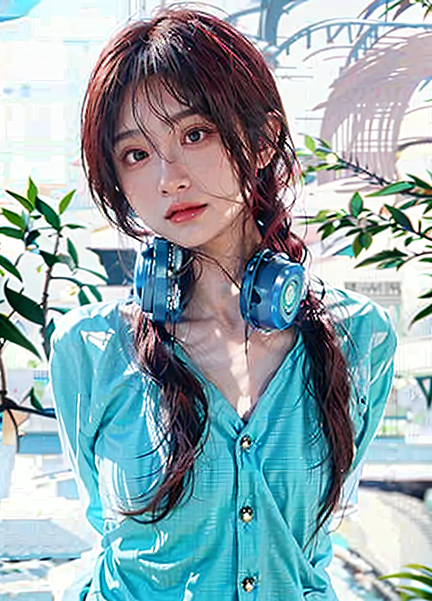 8K,Bestquality,MASTERPIECE,Super High Resolution,(photorealistic:1 girl Girl),RAW Photos,(True skin texture:1 girl Girl ),(selfie angle),1 girl girl girl,Beautiful emerald gemstone eyes and delicate facial details,MASTERPIECE,of the best quality,Close-up of the,upper Body,red hair,Blue outside,Background room,Wearing a headset around his neck