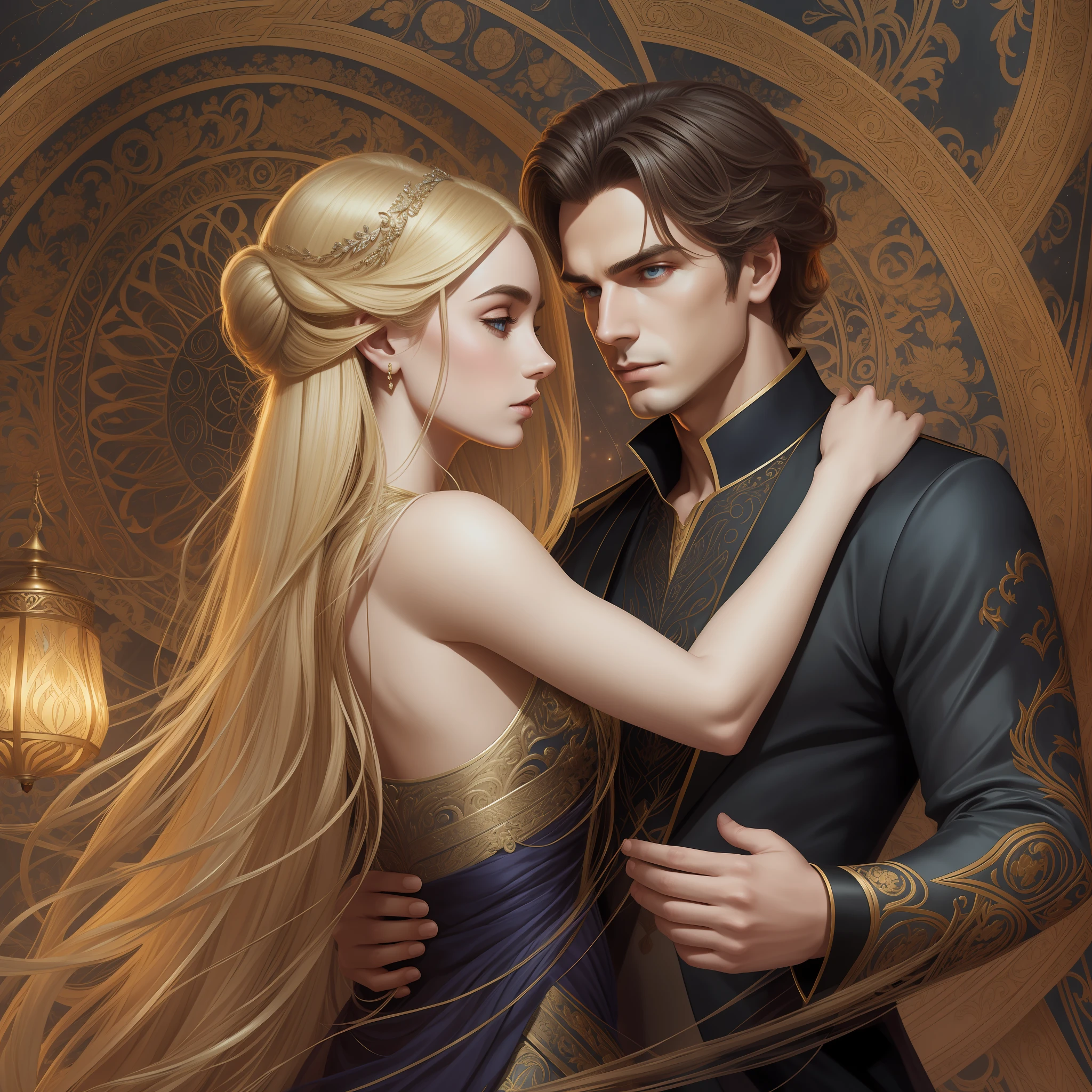Couple dancing in the ballroom, the Neels Visser is a blonde-haired prince, veste uma roupa militar medieval. Lily Collins tem cabelo negro ondulado e usa um vestido vermelho medieval, Illustration of a novel book cover with a detailed background, liso, brilhante as, Anel luminoso, dynamic lighting, ethereal lighting, ultra detalhe, arte conceitual, elegante, surreal, arte por Lisa Aisato, Greg Hildebrandt, Citemer Liu, Stjepan Sejic, Samyang, Aykut Aydogdu, Justino Geraldo, Alphonse Mucha, Artgerm, WLOP e Greg Rutkowski