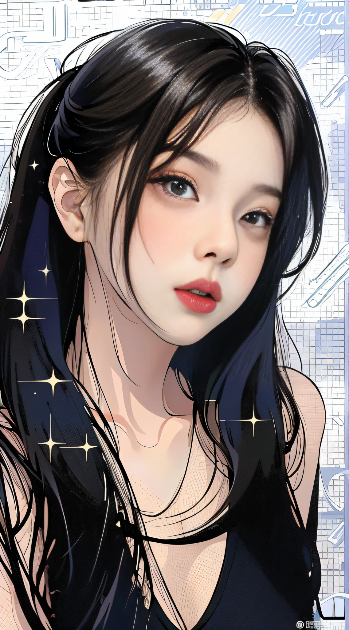MASTERPIECE,Best),Light effect,superclear, the high,-definition picture, (front face) solo,_Kim Ji-ni Jennie face,black hair,Wear a black T-shirt,front face,ID photo,upper Body,Black background