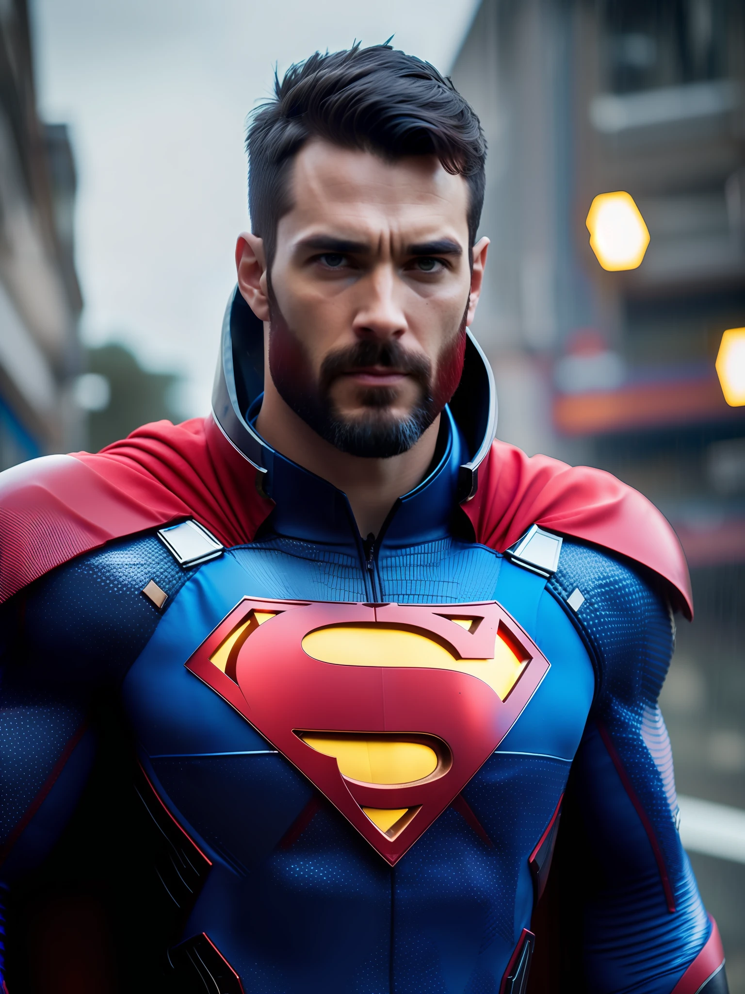 Superman award-winning photo of a man, Blue and red superhero suit, square jawline, asymmetric face, big hair, big beard, in rain, angry, red eye, purple light, 80mm, bokeh, mass effect, close up, fking_cinema_v2, 8k, cinematic