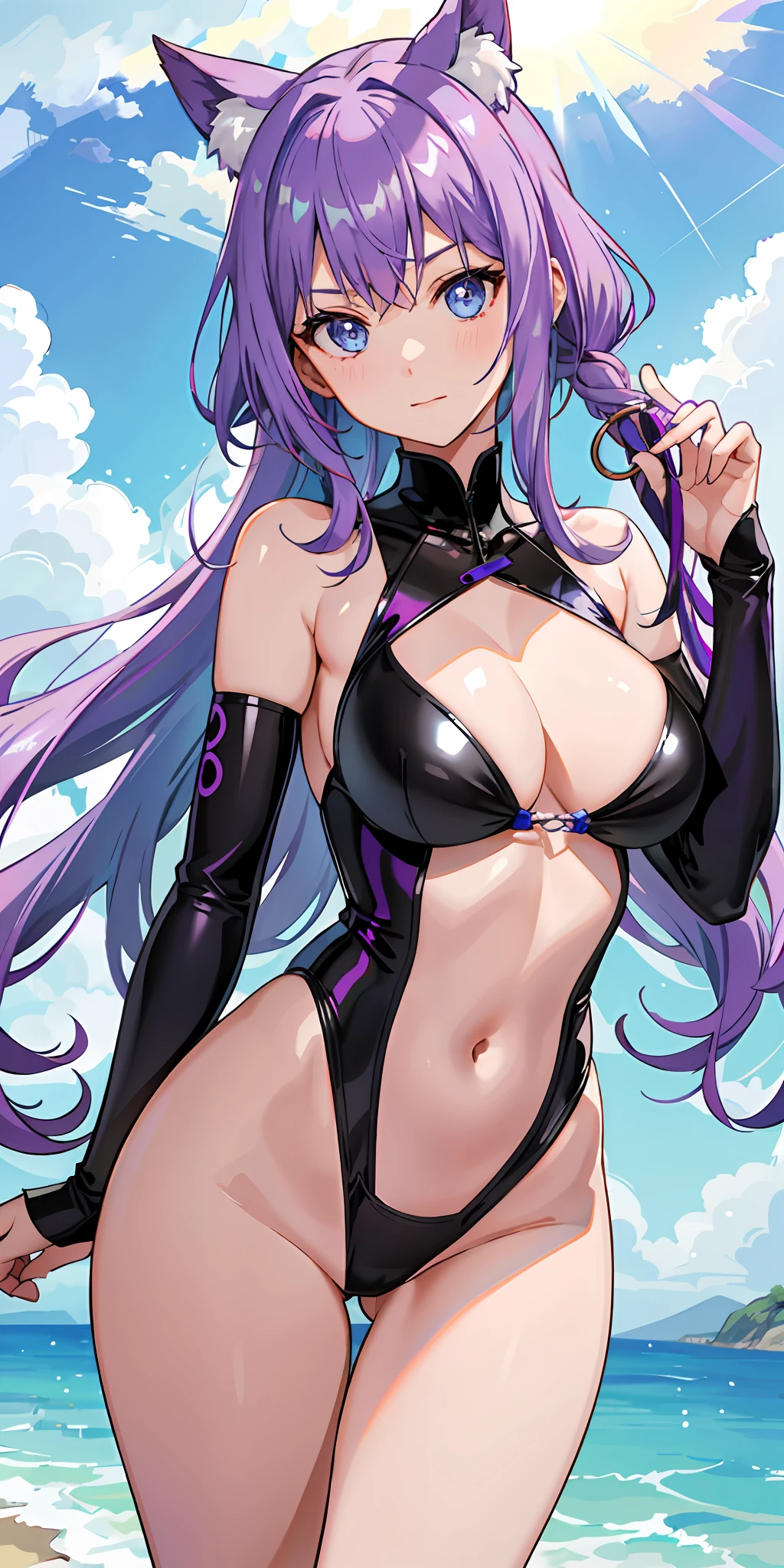 a 1girl、Bright、Purple hair、multicoloured hair、Blue eyes、Mask on the head、Sidelight、Particles of light、wallpapers、voluptuous voluptuous Idol、bswimsuit、Loose fluffy、quiet