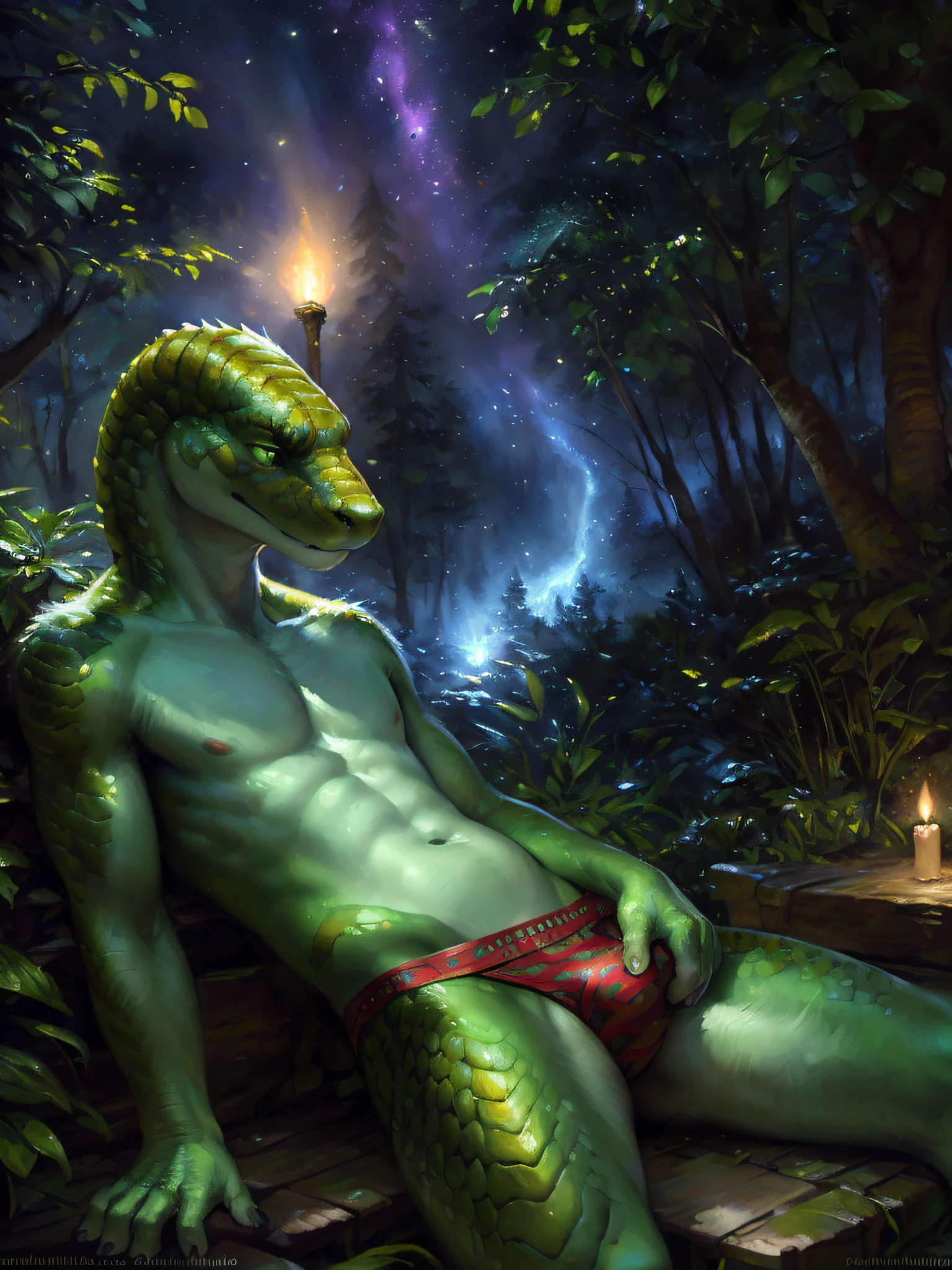 solo, male, (slim), (male anthro snake):1.3, green body scales, white belly, (laying on back):1.3, (kemono:1.4)
(masturbating) (black thong, red pattern:1.2),
detailed eyes, snake tail, bulge, ((body portrait)), 
, (detailed eyes, green eyes, glowing eyes):1.1,
(outdoors:1.35),   forest, candle, night, (particles ,firefly, blue glowing):1.3, 
detailed background, photorealistic, realistic hands, 8k hd,
(dark shadows, wide dynamic range, hdr, low light:1.2),
by (by Pino Daeni, (by ruaidri), (by virtyalfobo), (by Kenket).