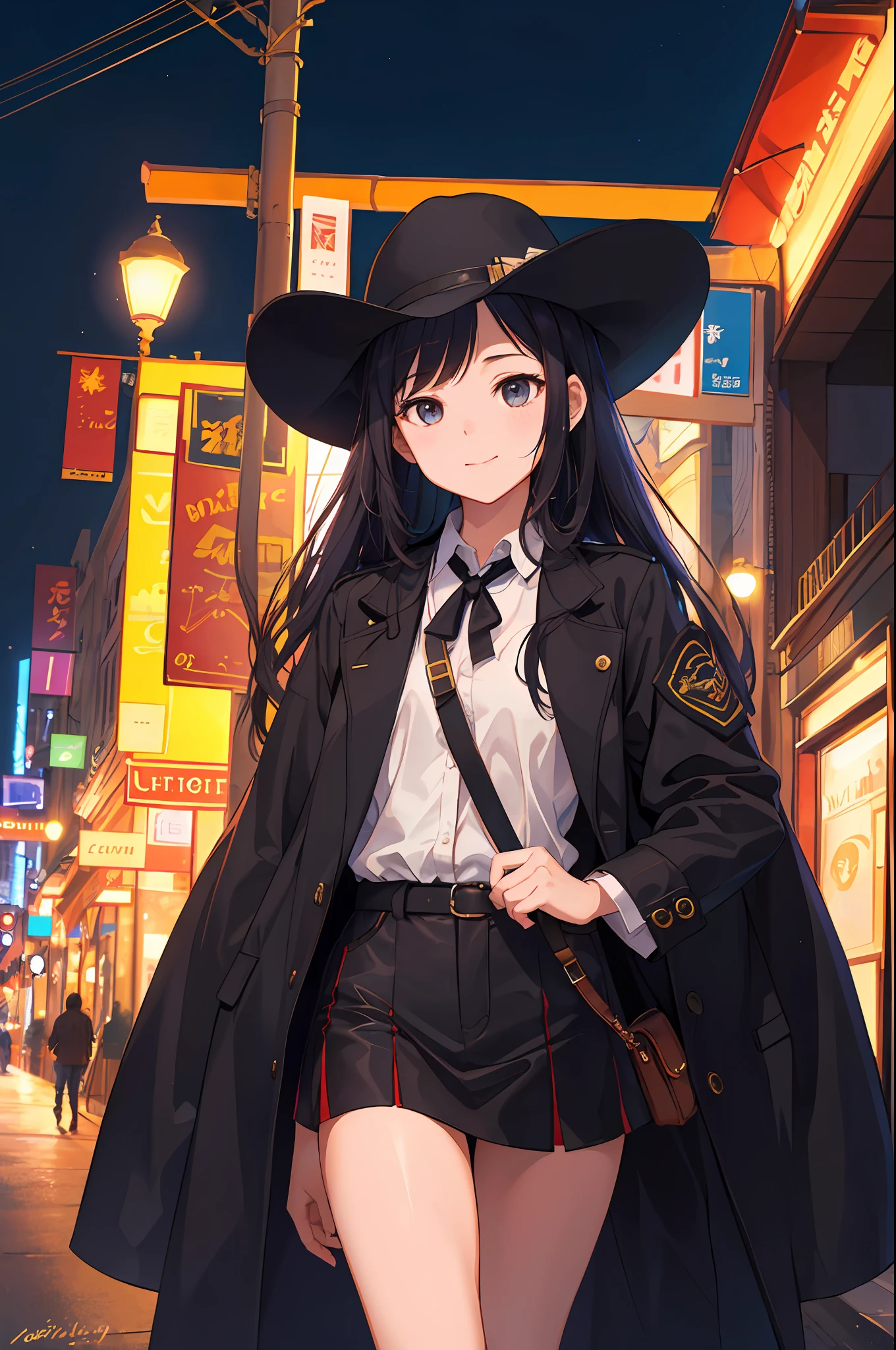 (masterpiece, ultra high res, best quality:1.1), (flat color), 1girl, solo, , cowboy shot, (depth of field:1.2), (night), (long coat), downtown, (street light:1.1), (Fantastic lighting), looking at viewer, black hair, long hair, [smile], (Closed mouth)