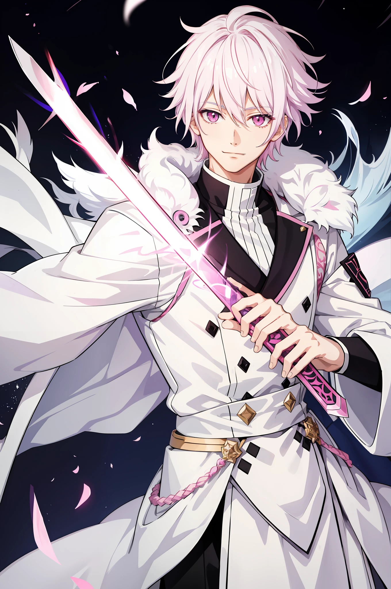 anime boy, white colored hair, pink eyes, prince uniform, sword, fantasy, kind smile, field background, intricate details, 8K, UHD, DSLR, Soft lighting, high quality