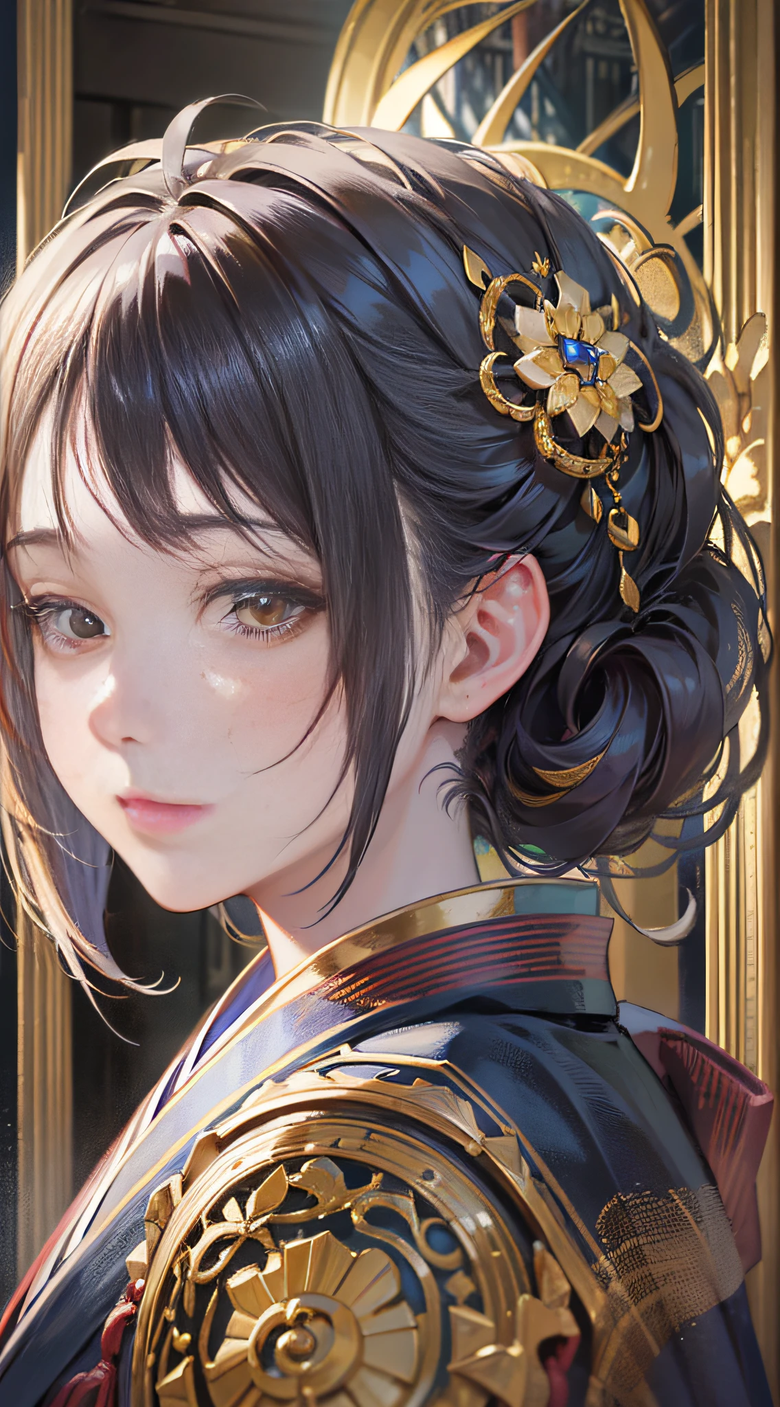 (masterpiece, sidelighting, finely detailed beautiful eye: 1.2), masterpiece*portrait, realistic, 3d face, glowing eyes, shiny hair, shiny skin, solo, looking at the audience, upper body, kimono,