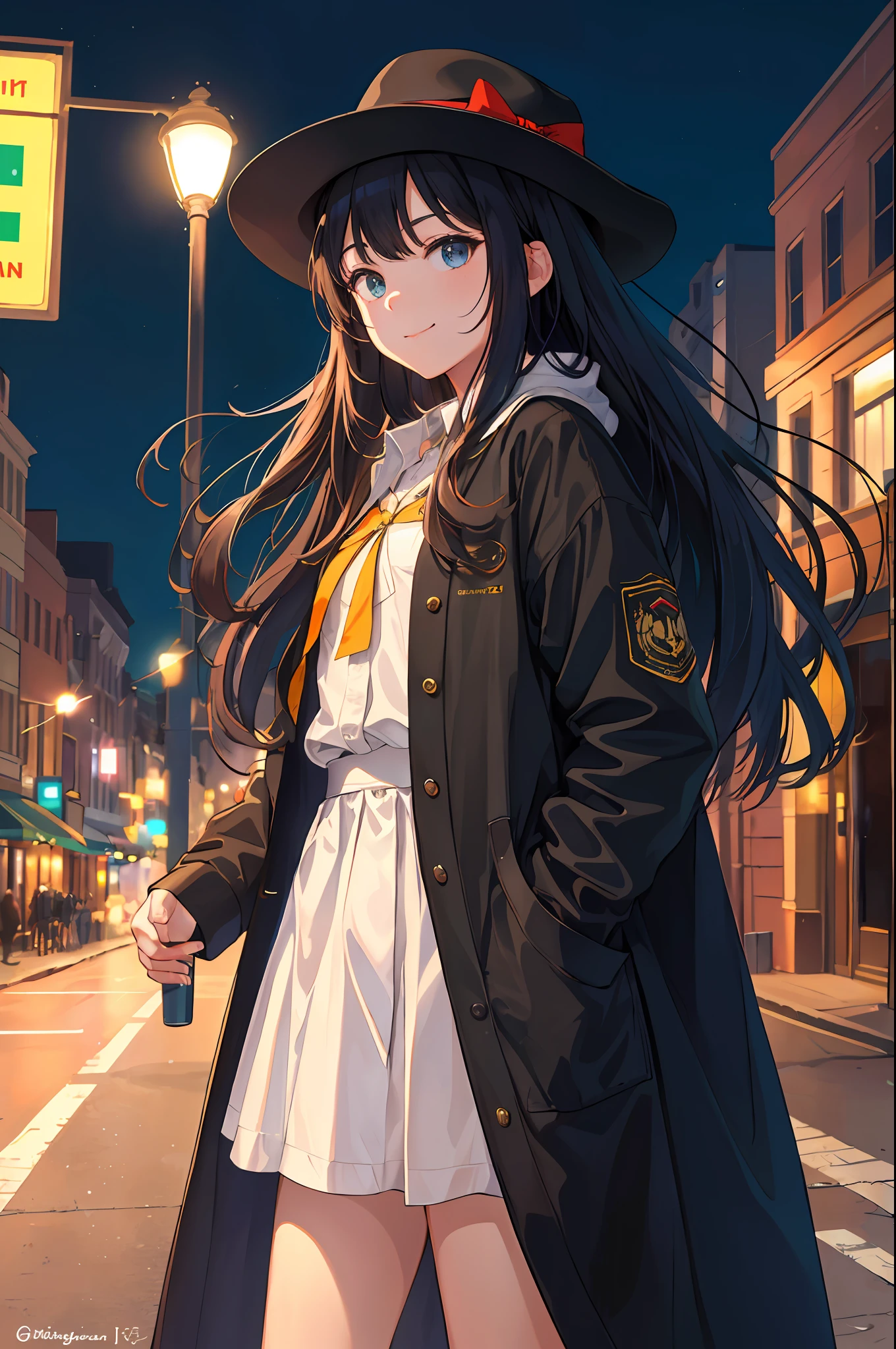 (masterpiece, ultra high res, best quality:1.1), (flat color), 1girl, solo, , cowboy shot, (depth of field:1.2), (night), (long coat), downtown, (street light:1.1), (Fantastic lighting), looking at viewer, black hair, long hair, [smile], (Closed mouth)