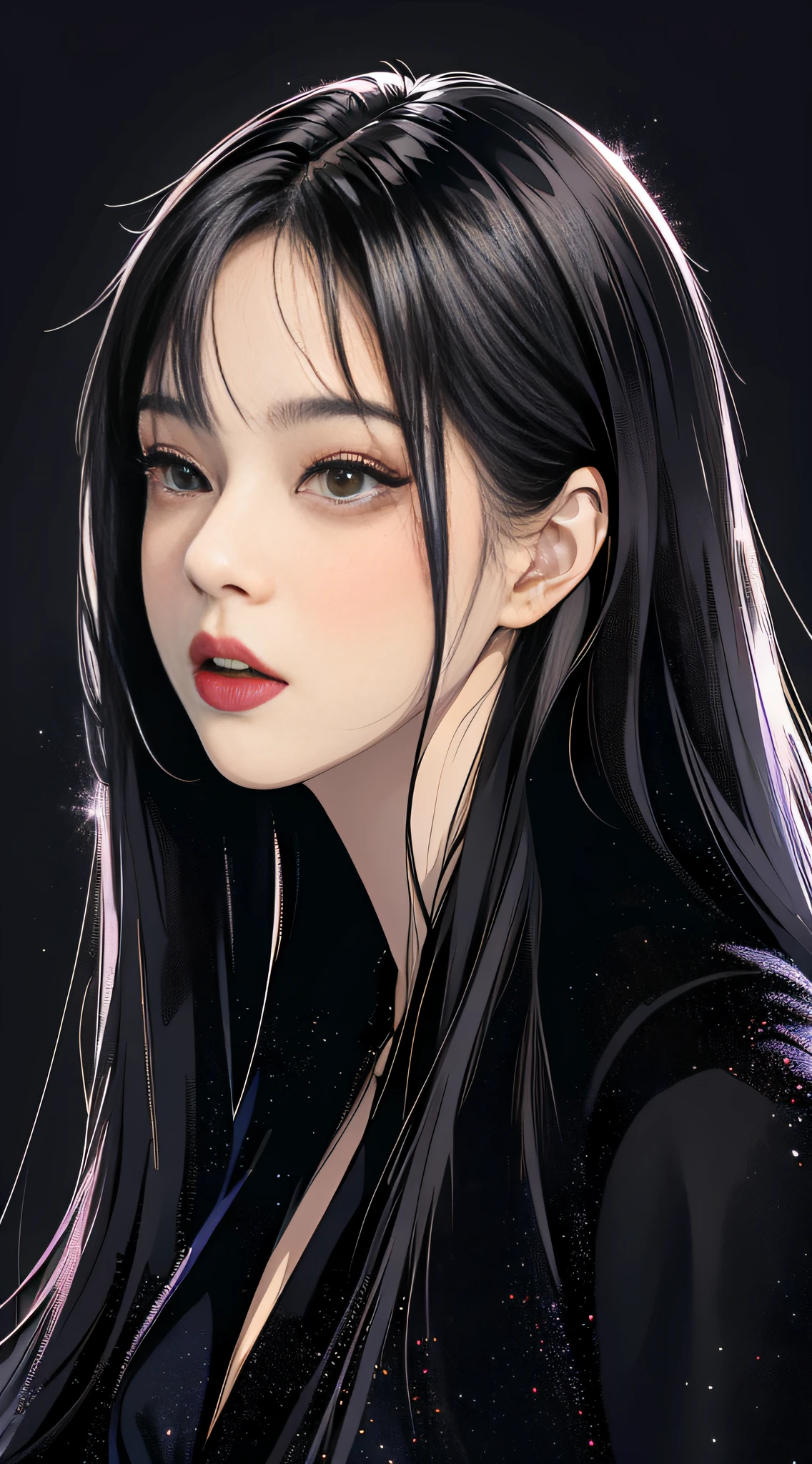 MASTERPIECE,Best),Light effect,superclear, the high，-definition picture, (front face) solo,_Kim Ji-ni Jennie face，black hair，Wear a black T-shirt，front face，ID photo，upper Body，Black background