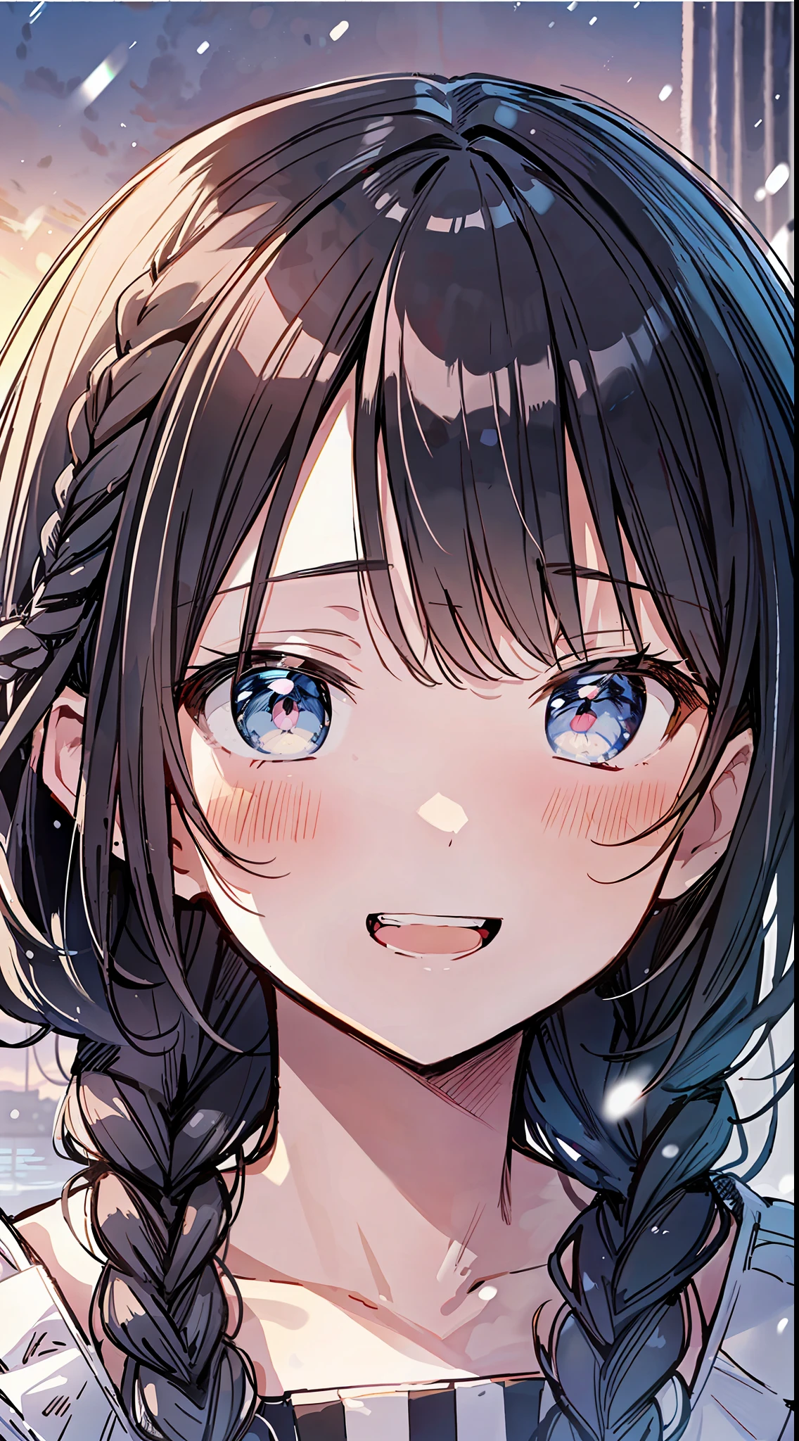 Best Quality, Best Masterpiece, Ultra High Definition, 8k, ((Winter Clothes)), Shojo Manga Style Loli, Single, Soft Line Art, Digital Enhancement, Shojo Manga Touch, Shojo Manga Core, Flowing Fabric, Close Up, ((Hair length to shoulder and short braid)), staring at us from the front, soft drawing, Beautiful black hair, Clear eyes, grin, teeth, wide mouth, ultra-detailed digital anime art, clear face depiction, ultra-detailed shoujo manga character art, ultra-detailed manga style, top quality colors, hand gestures, foot-up angles, scenery with nature