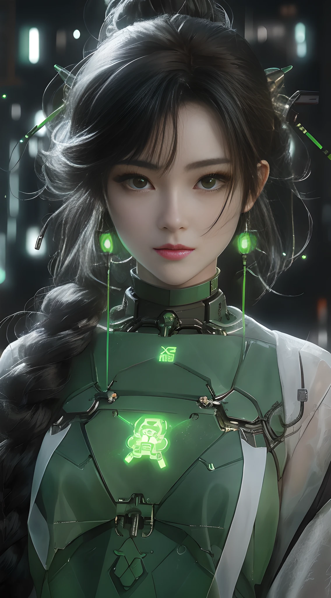 anime girl with glowing green hair and a green dress, perfect android girl, cute cyborg girl, inspired by Ai Xuan, digital cyberpunk anime art, artwork in the style of guweiz, inspired by Feng Zhu, dreamy cyberpunk girl, beautiful digital artwork, beautiful female android!, trending on cgstation, inspired by Leng Mei