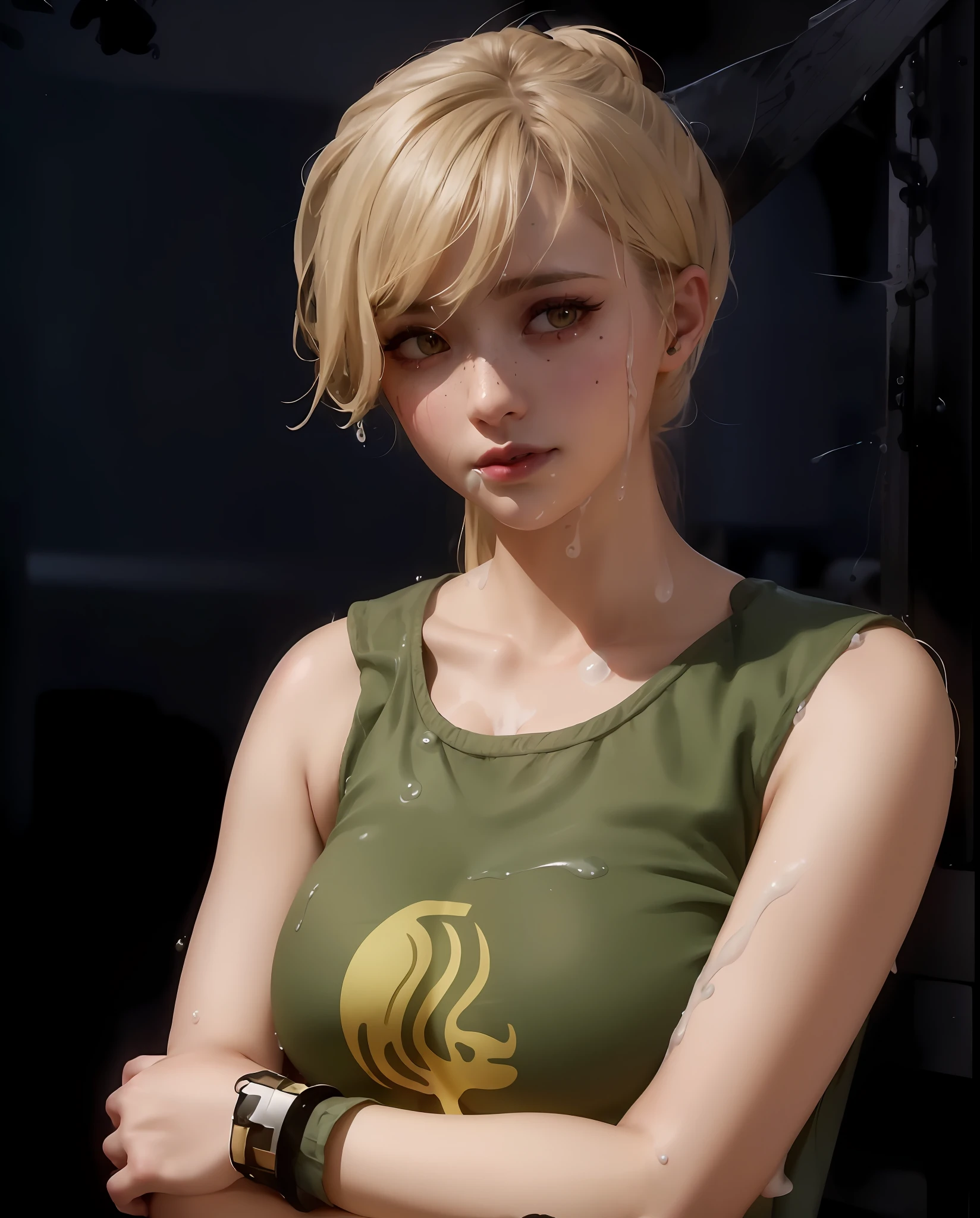 Full of blood stick on body((Huge huge breast, 15 year old girl, small head)),  ((15)) daylight, sunlight, (perfect body : 1.1), (young), (short wavy hair:1.2), full body shot, (girl wearing school uniform:1.4, pleated skirt, button up shirt), ((school uniform)), (extremely detailed CG 8k wallpaper), (an extremely delicate and beautiful), (masterpiece), (best quality:1.0), (ultra highres:1.0),  beautiful lighting ,perfect lightning, realistic shadows, [highres], detailed skin, ultra-detailed, ((spread legs)),  (legs up), slim body) bent over, large earring, thighs, (beautiful long hair),, fine collarbone, soft navel, soft midriff, soft back, angle from above, sweaty, beautiful breasts, blush, photorealistic, realistic face, realistic eyes, small eyes, smirk (((colorful))) (((cleavage))), (freckles), (eye liner), (mascara), ((thick white liquid on body)), ((very sweaty)), ((((high detailed skin)))), (body is dripping wet)) ((wet thighs)), ((spreading thighs)), ((((thick white liquid dripping from body)))), ((hands on thighs))