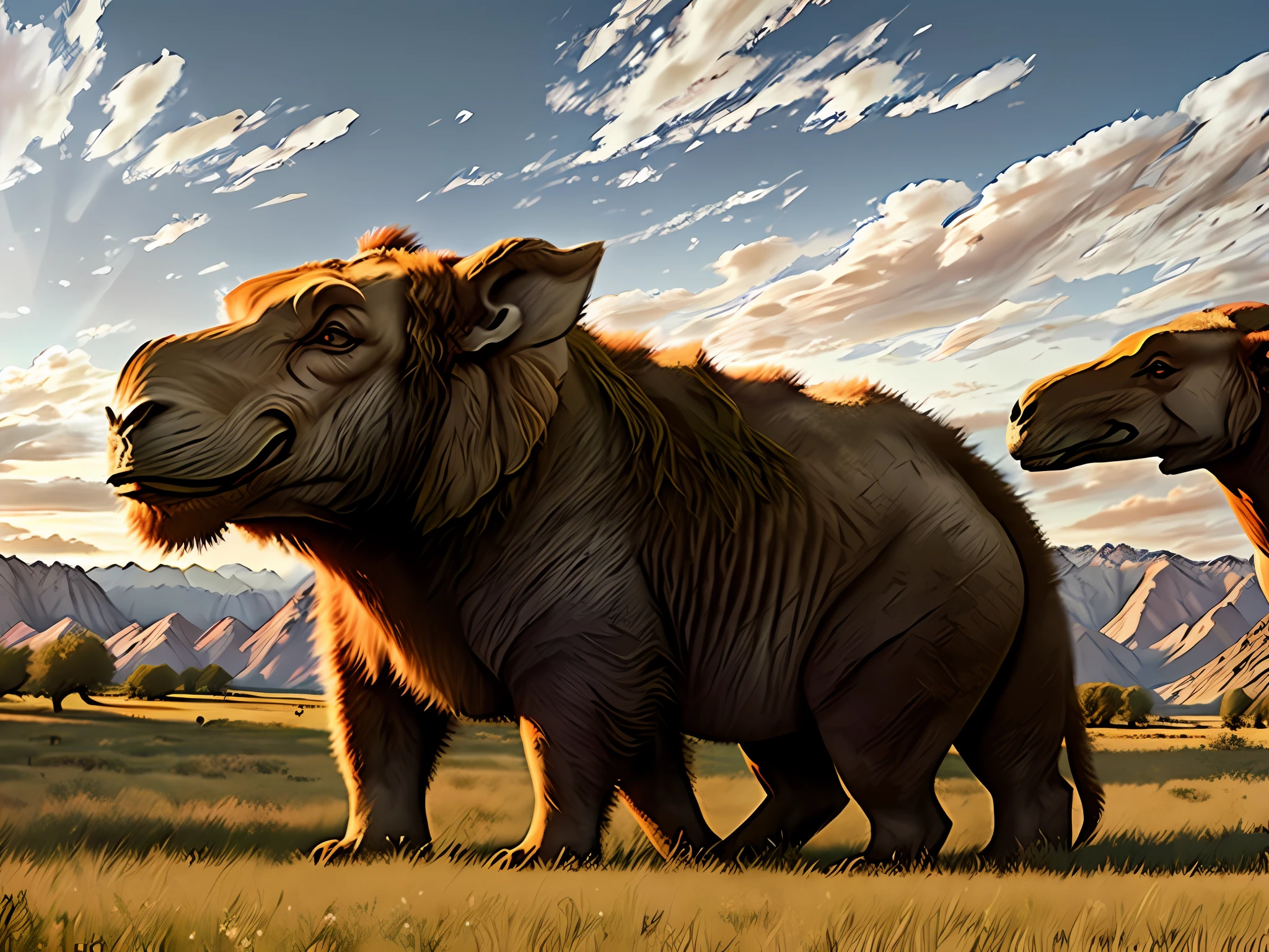Draw giant prehistoric mammoth and furry neem shadowy valley and dense clouds