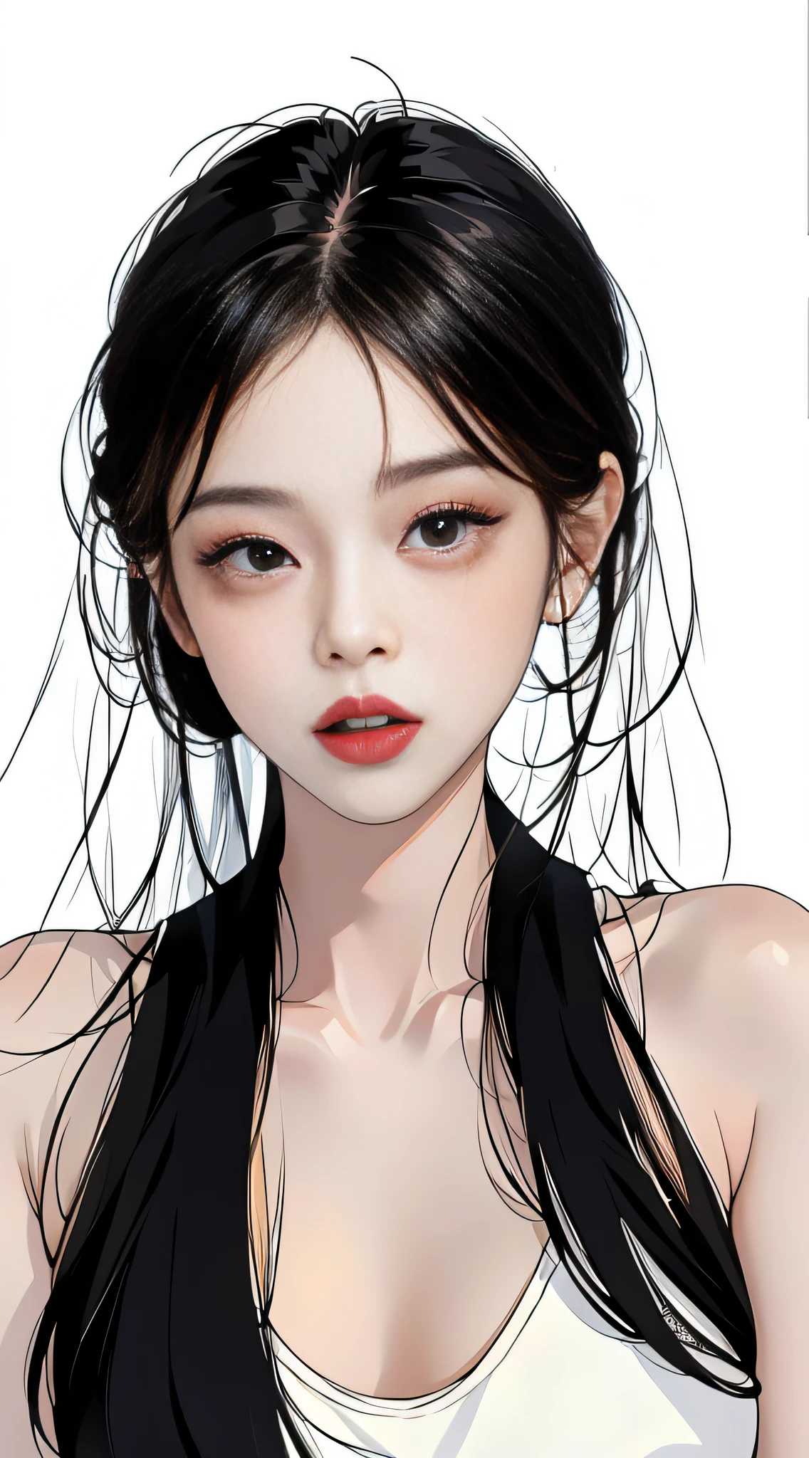 MASTERPIECE,Best,((pure white background)),Light effect,superclear, the high，-definition picture, (front face) solo,_Kim Ji-ni Jennie face，black hair，Wear a black T-shirt，cleavage，