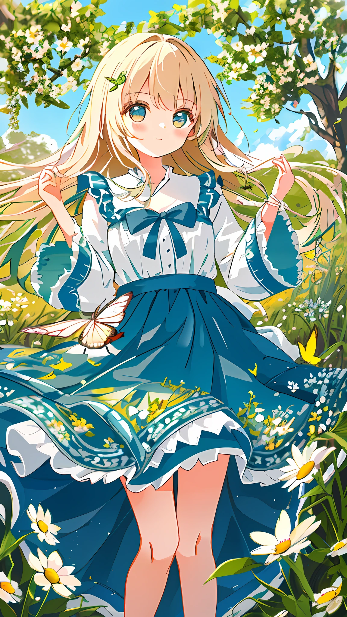 High Detail, Ultra Detail, Ultra High Resolution A cute and innocent girl is enjoying her time in an open field, surrounded by the beauty of nature, with the warm sun shining on her and wild flowers swaying gently in the breeze. Butterflies and birds flutter around her, adding to the playful atmosphere, --v6
