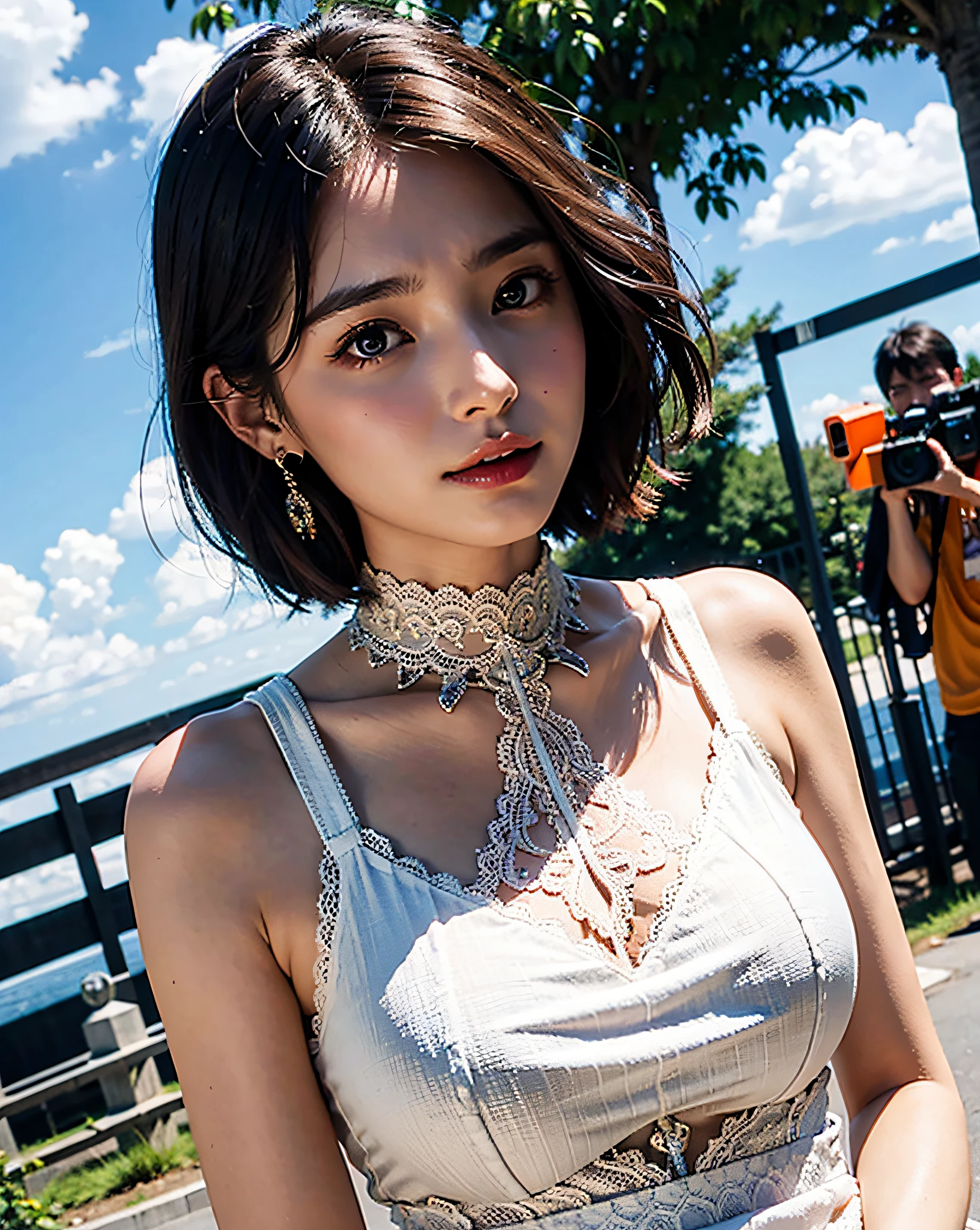 bestquality、Highres、8ｋ、Girl 1 Mature Woman Person、(Huge breasted)、During the Day、Bright、out door、(Street:0.8)、(People々、crowds:1)、(Lace) -trimmed dress:1.5、Light orange clothing:1.5、Orange High Neck Dress:1.5、sleeveless dress、Orange Dress:1.5)、Luxury、(medium Hair)、beautiful detailed sky、beautiful earrings、(Dynamic Pose:0.8)、 (upper Body:1.2)、Illuminated by soft、Wind、Lustrous skin、line of sight、