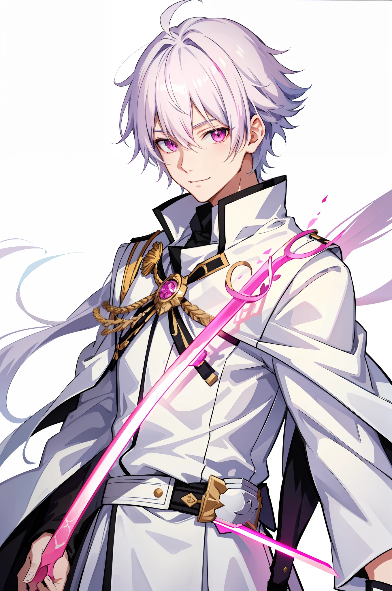anime boy, white colored hair, pink eyes, prince uniform, sword, fantasy, kind smile, field background, intricate details, 8K, UHD, DSLR, Soft lighting, high quality
