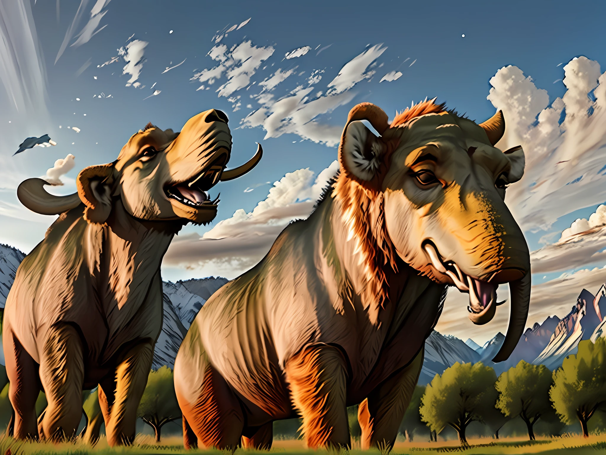 Draw giant prehistoric mammoth and furry neem shadowy valley and dense clouds