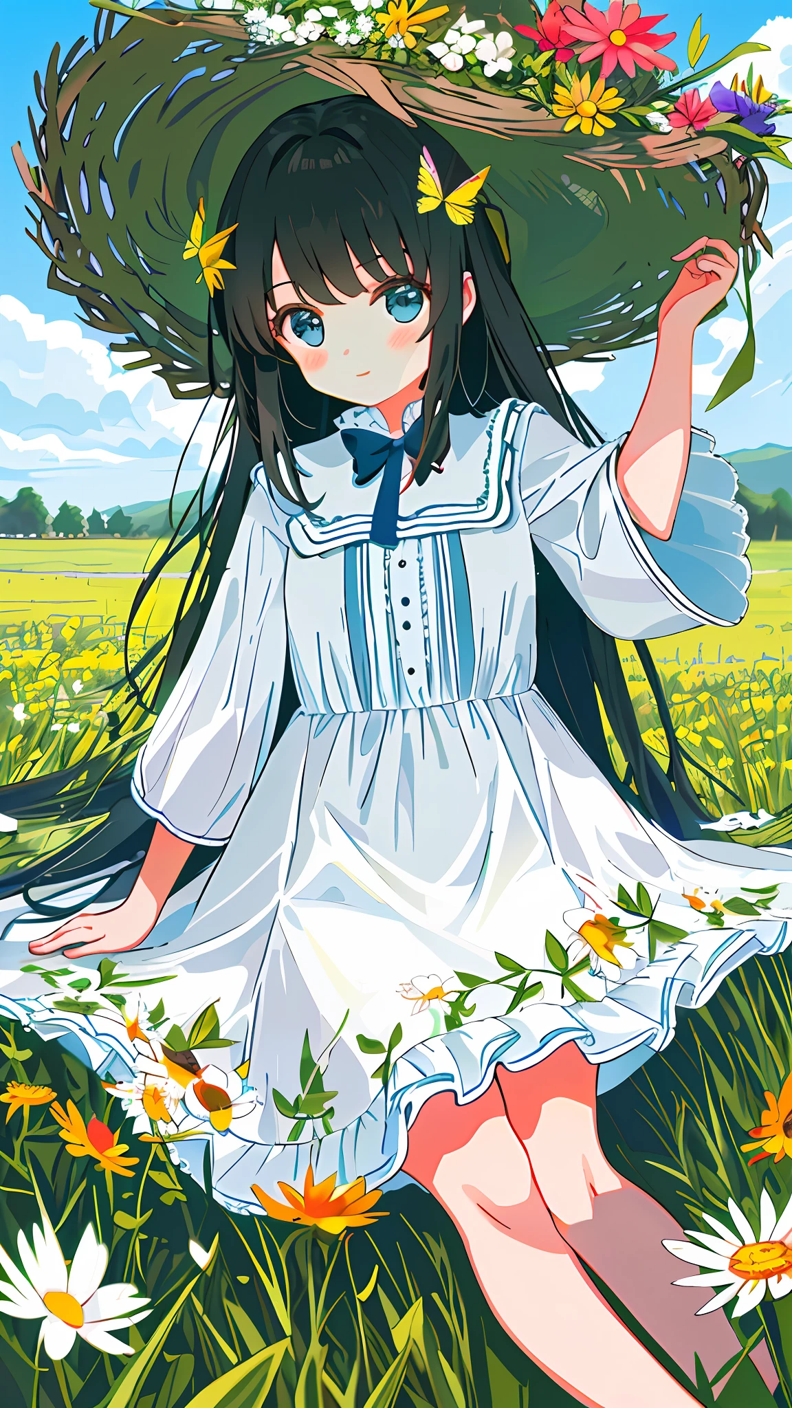 High Detail, Ultra Detail, Ultra High Resolution A cute and innocent girl is enjoying her time in an open field, surrounded by the beauty of nature, with the warm sun shining on her and wild flowers swaying gently in the breeze. Butterflies and birds flutter around her, adding to the playful atmosphere, --v6