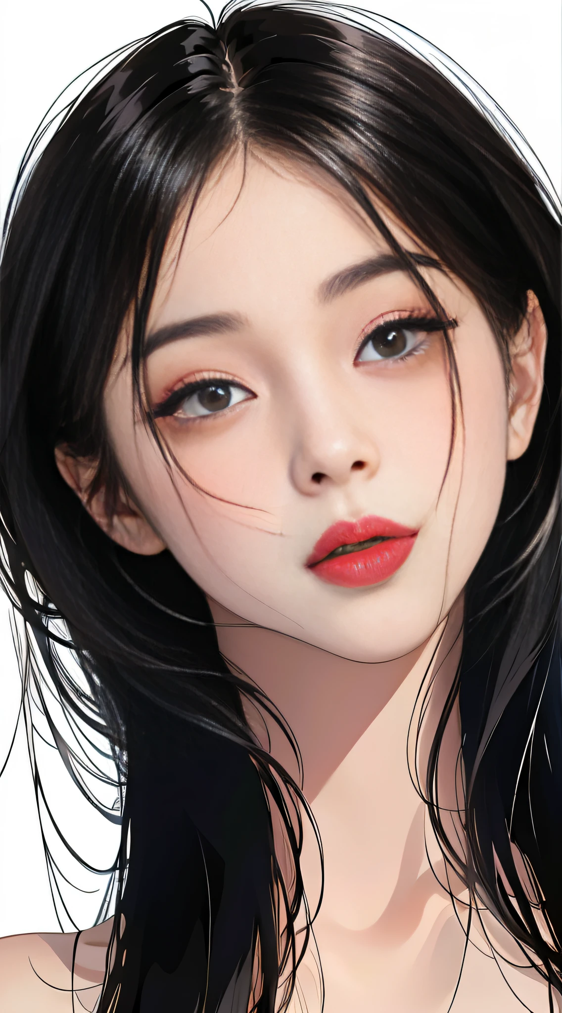 MASTERPIECE,Best,((pure white background)),Light effect,superclear, the high,-definition picture, (front face) solo,_Kim Ji-ni Jennie face,black hair,Wear a black T-shirt,cleavage,