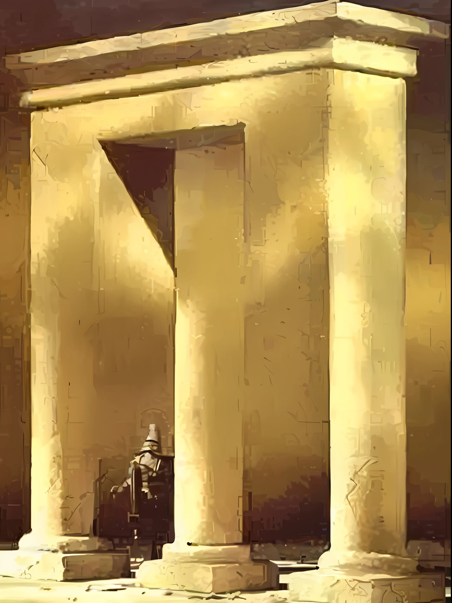 There is a painting，A man sits in a chair in the room, doorway. Zzłiław Beksinski, Pyramid portal, Monolithic temple, Zzłiław Beksinski, Historical image, Ralph Macquarie conceptual art, Zzłiław Beksinski