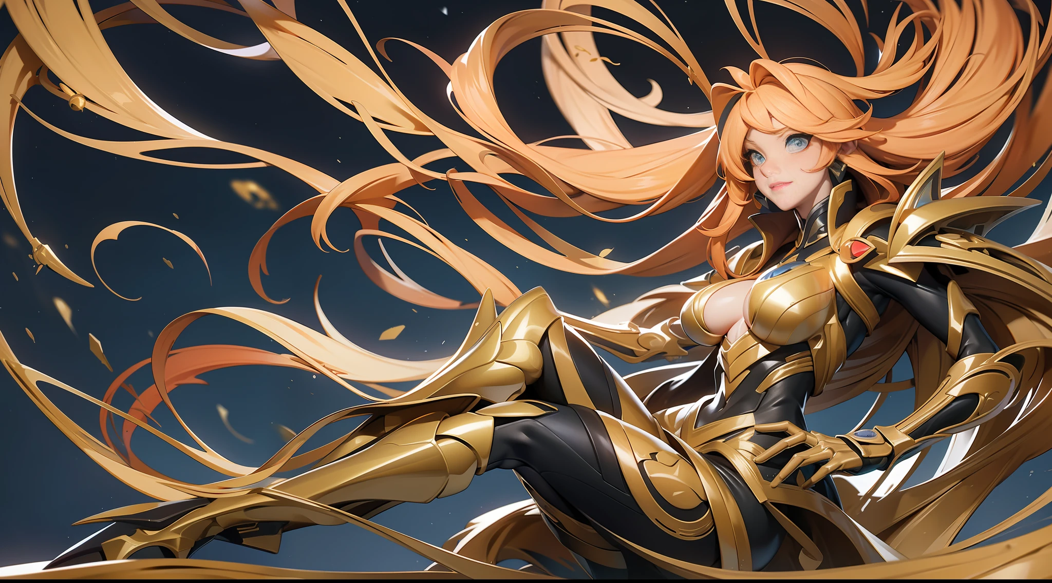 full body picture Unreal Engine 5 8K UHD of a beautiful adult goddess, long dark yellow hair, wearing futuristic black tight battle suit, futuristic tight mask, futuristic neck collar, golden light details, golden energy wings, flying on the sky, best quality, masterpiece