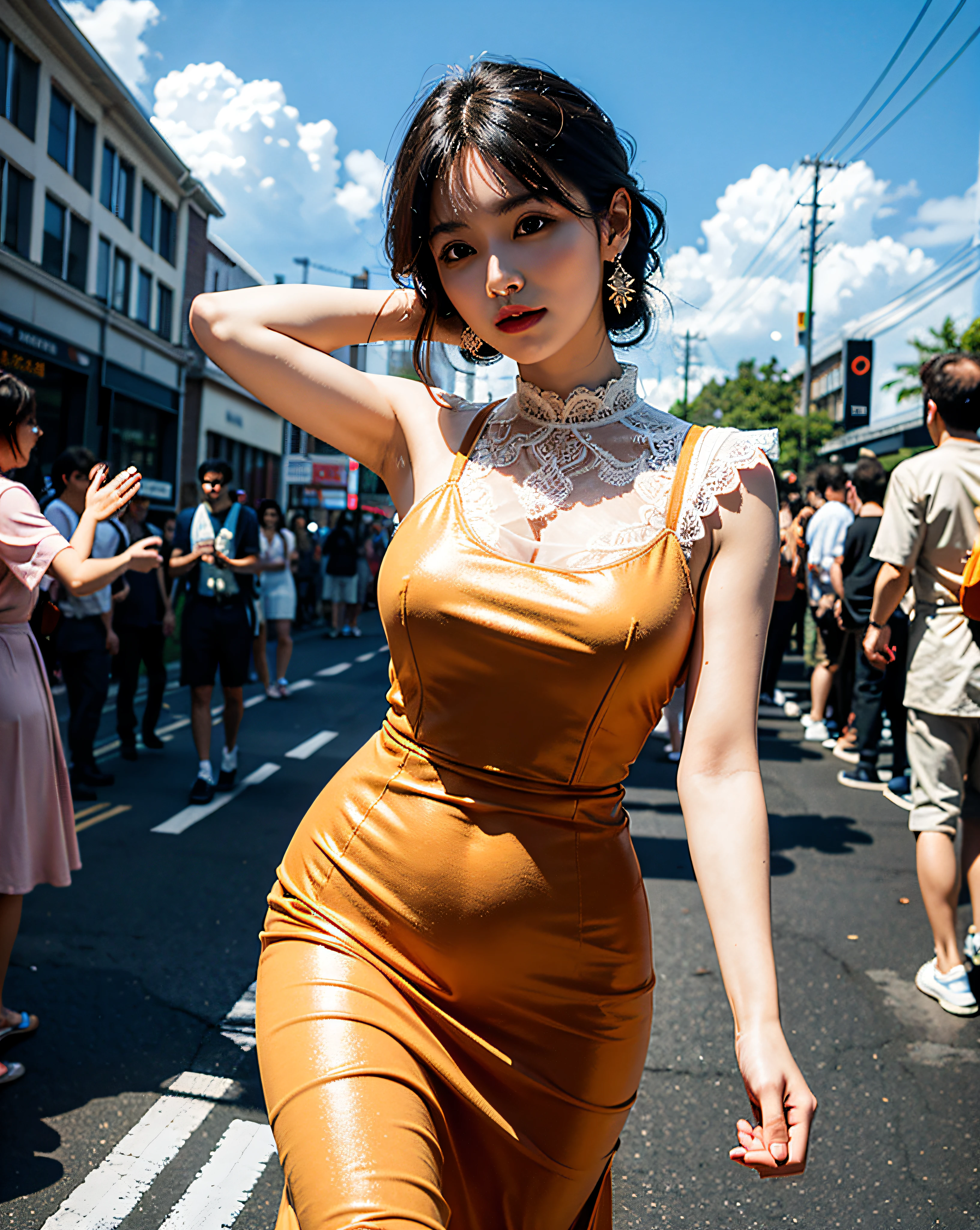 bestquality、Highres、8k、Girl 1 Mature Woman Person、(Huge breasted)、During the Day、Bright、out door、(Street:0.8)、(People々、crowds:1)、(Lace) -trimmed dress:1.5、Light orange clothing:1.5、Orange High Neck Dress:1.5、sleeveless dress、Orange Dress:1.5)、Luxury、(medium Hair)、beautiful detailed sky、beautiful earrings、(Dynamic Pose:0.8)、 (upper Body:1.2)、Illuminated by soft、Wind、Lustrous skin、line of sight、