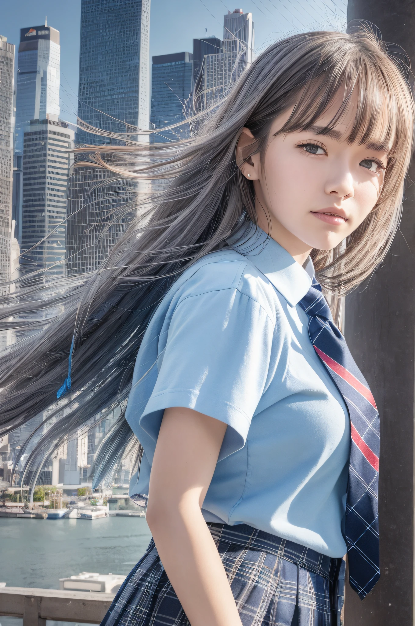 very smilimg,(best quality)++,(masterpiece)++,(ultra detailed)++,(highres)++,(8k portrait)++,production art,((Add layer)),upper body,from side,1girl,solo,cityscape, tokyo scenery,rooftop,noon,blue sky,(wind:1.2),delicate face,look far away,white fur ear,green eyes,short sleeve school uniform,silver blue striped tie,blue tartan skirt,hands on hips,stare into the distance,