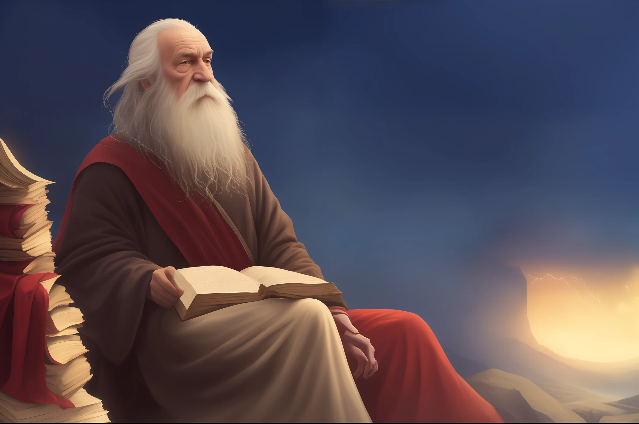 Homem sentado em uma rocha com um livro e uma caneta, arte conceitual de deus, assistente senta-se lendo em uma mesa, bible illustration, Direction: Daniel Ljunggren, moses, Dumbledore, Direction: Johannes Helgeson, Godrays pintura digital, Tolkien e Michael Komarck, Jeremias, wizard reading a directory, biblical painting, Arte de Harry Potter