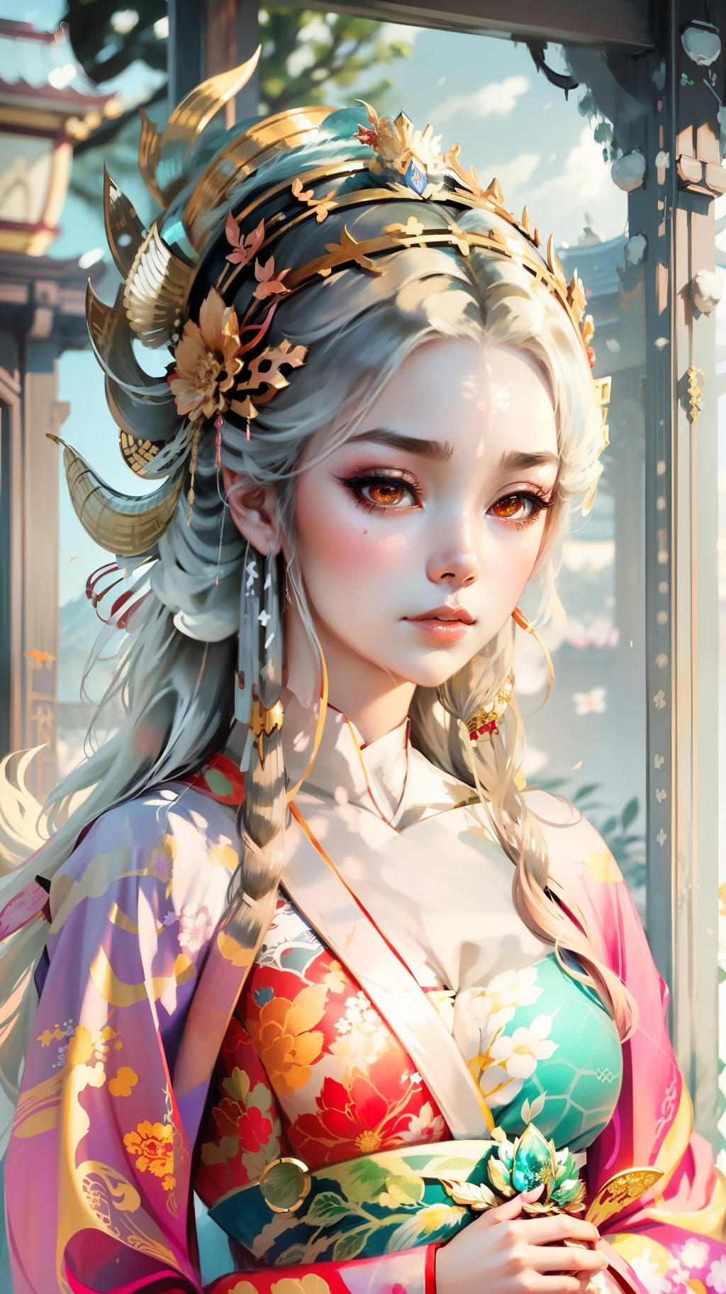 Arafard image of a woman in a kimono,Wearing a dragon headdress, palace , a girl in hanfu, artwork in the style of guweiz, trending on cgstation, the dragon girl portrait, Guweiz, 中 元 节, dragons, 🌺 cgsociety, chinese fantasy, official artwork, inspired by Tang Yifen