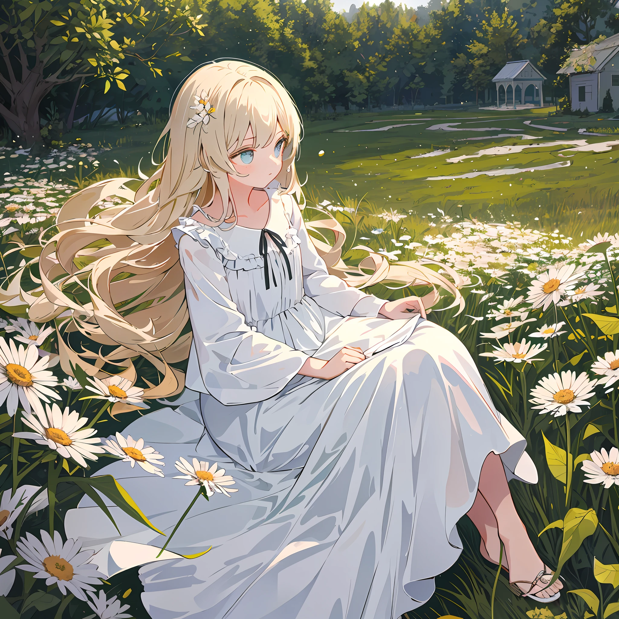 MASTERPIECE，The best quality，One has long light-colored hair，Girl in soft clothes，Looking at the girl in the dandelion flower field with no future