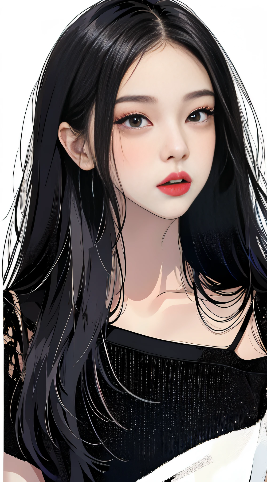 MASTERPIECE,Best),Light effect,superclear, the high，-definition picture, (front face) solo,_Kim Ji-ni Jennie face，black hair，Wear a black T-shirt，Off-bshoulders，front face，ID photo，upper Body，whitebackground