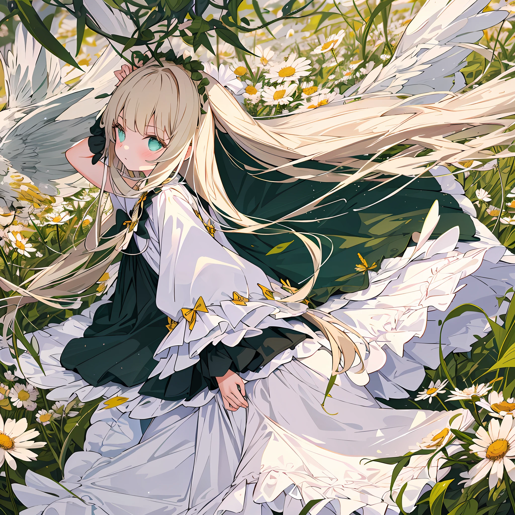 MASTERPIECE，The best quality，One has long light-colored hair，Girl in soft clothes，Looking at the girl in the dandelion flower field with no future