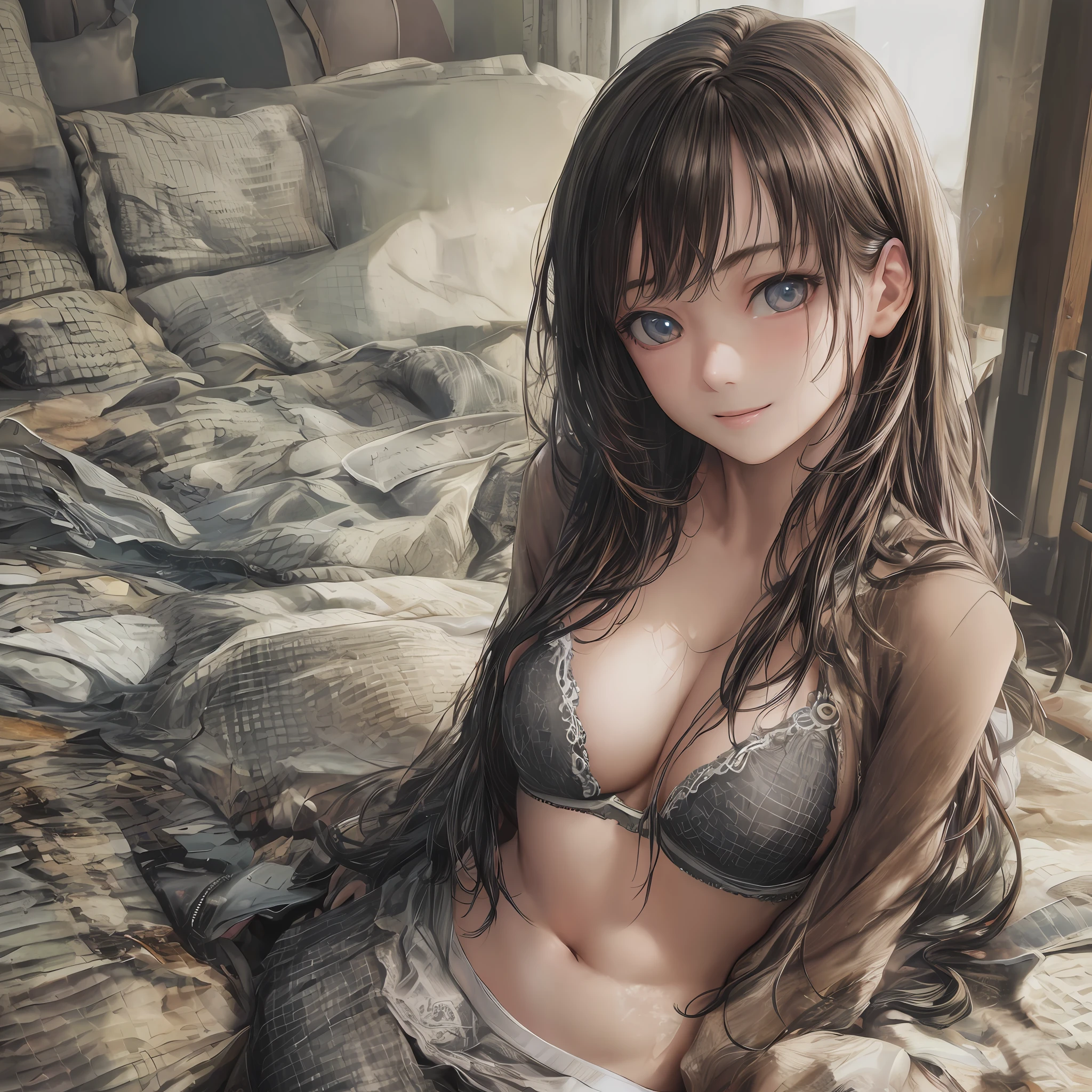 (RAW Photos:1.2), (Photorealistic:1.4),(Complex Details:1.2),(Masterpiece:1.3),(Best Quality:1.4),(Ultra High Definition:1.2), Cinema Light, Ultra High Definition,(Detailed Eyes),(Facial Features),(Clothing Features),Big, On Bed, Bra, Girl, Single, Full Body, Underwear, On Bed, Smile, Chizoka Nishikiki, Underwear, Uniform, Miniskirt
