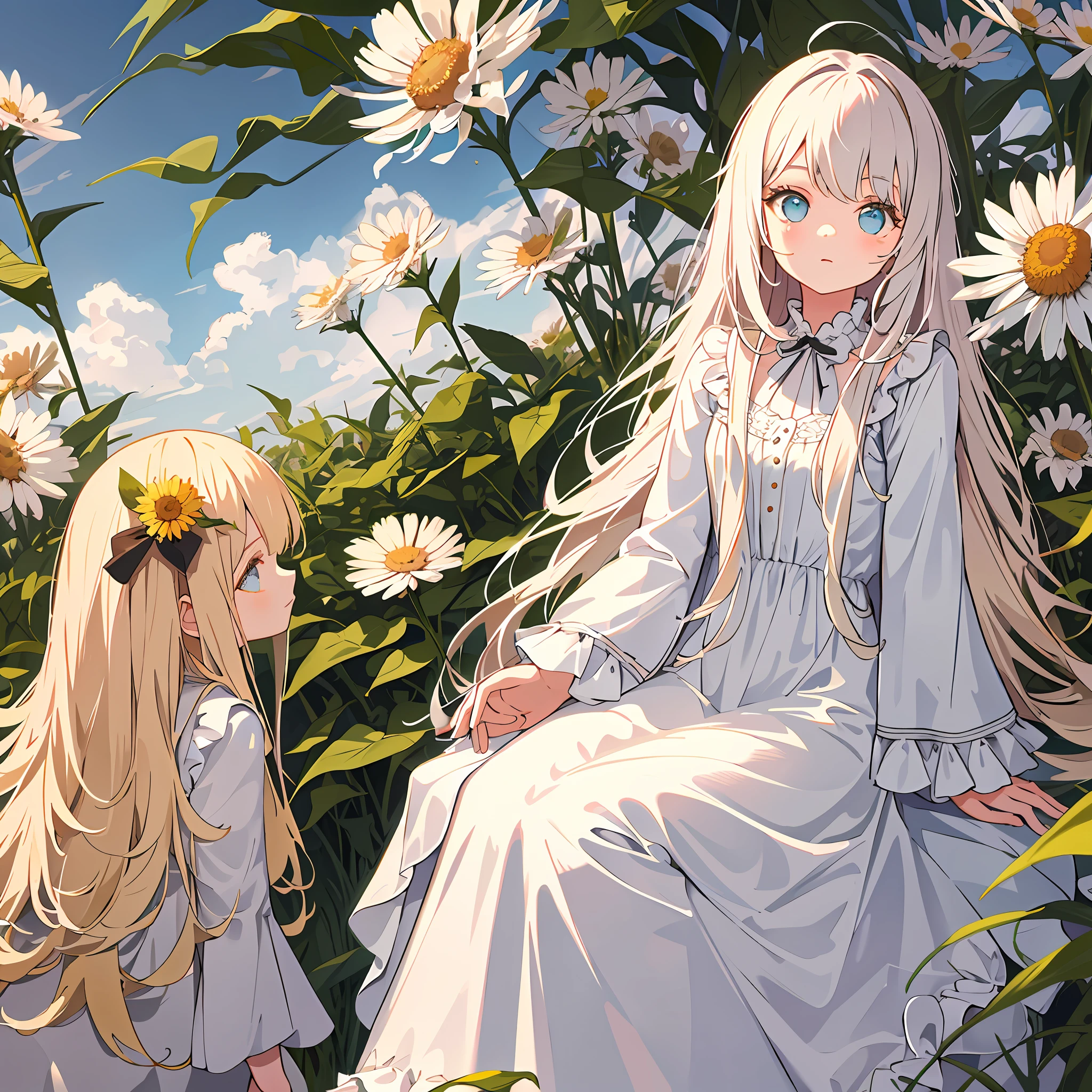 MASTERPIECE,The best quality,One has long light-colored hair,Girl in soft clothes,Looking at the girl in the dandelion flower field with no future