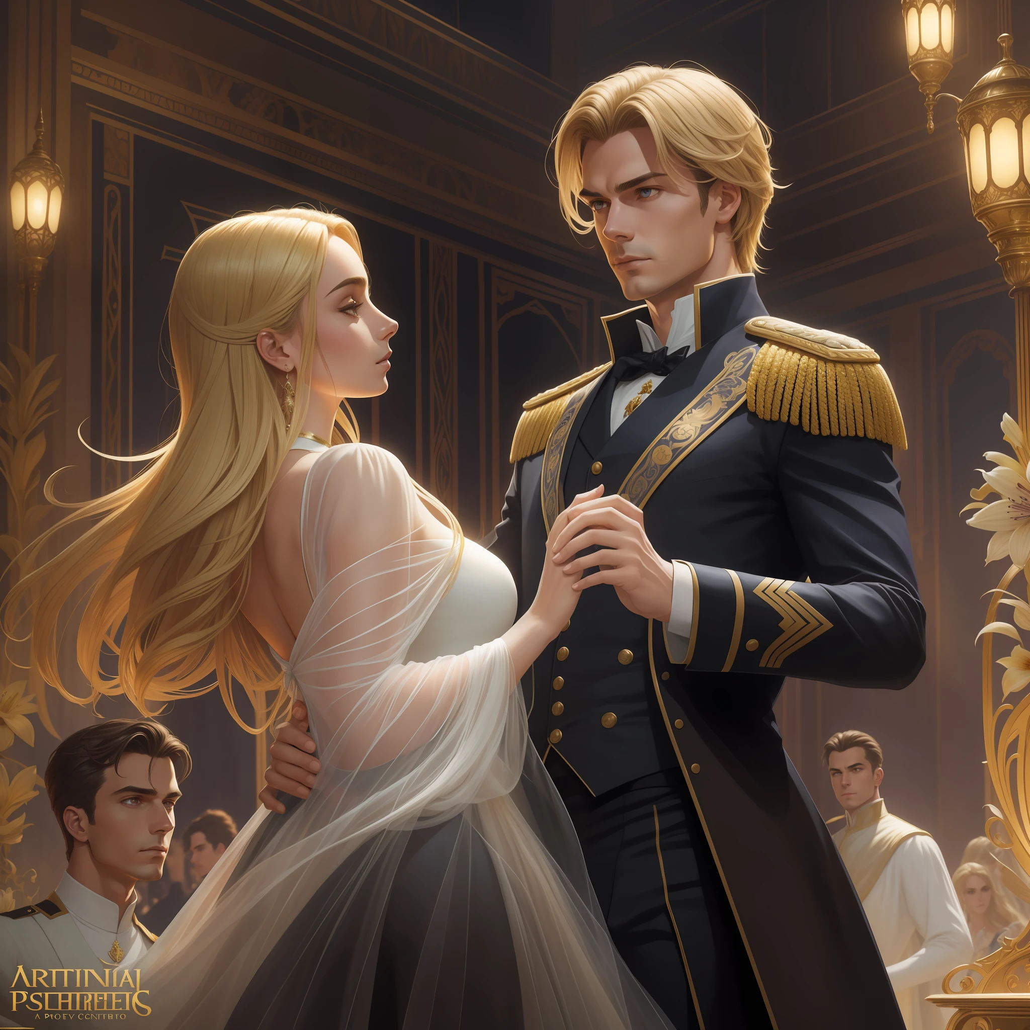 Couple dancing in the ballroom (Neels Visser is a blonde-haired prince), veste uma roupa militar medieval.  (Lily Collins tem preto cabelo negro ondulado e usa um vestido vermelho medieval), Illustration of a novel book cover with a detailed background, liso, brilhante as, Anel luminoso, dynamic lighting, ethereal lighting, ultra detalhe, arte conceitual, elegante, surreal, arte por Lisa Aisato, Greg Hildebrandt, Citemer Liu, Stjepan Sejic, Samyang, Aykut Aydogdu, Justino Geraldo, Alphonse Mucha, Artgerm, WLOP e Greg Rutkowski