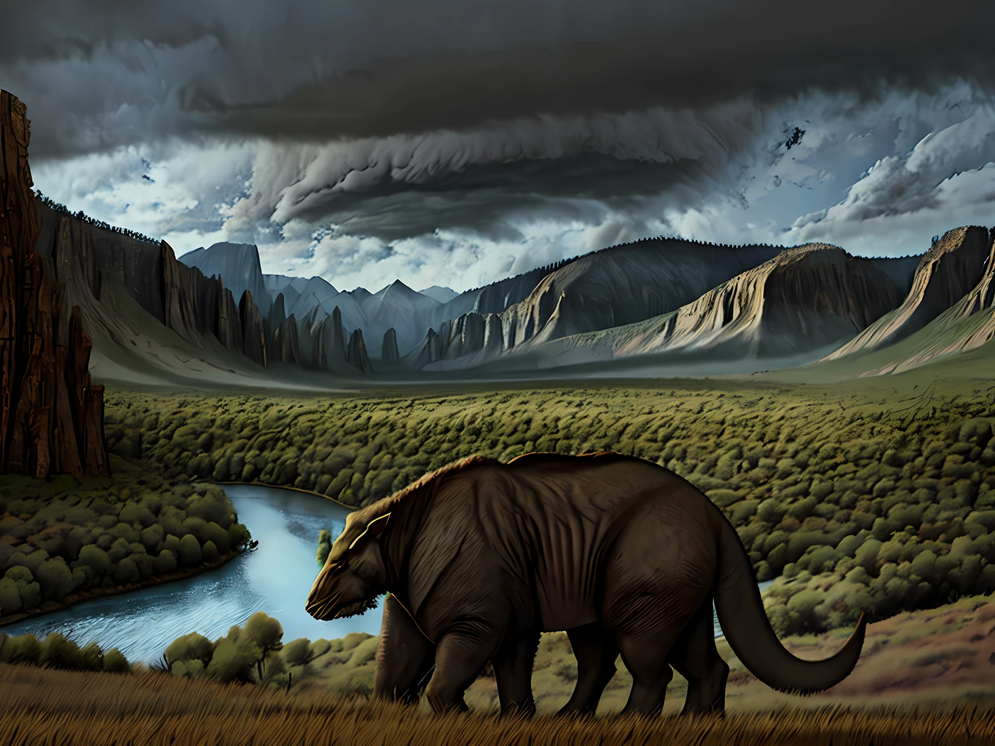Draw giant and furry prehistoric mammoth neem shadowy valley and dense and sinister clouds