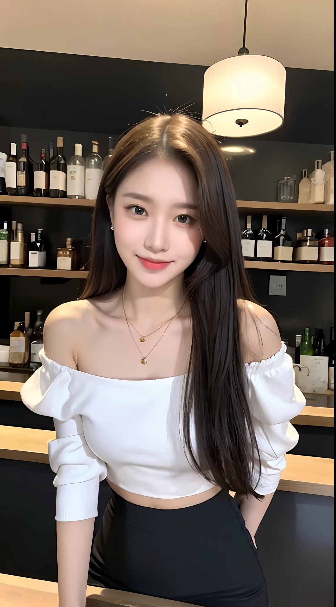 A superb exquisite real beautiful girl, golden long curly hair, extremely exquisite facial features, peerless beautiful girl, collarbone off-the-shoulder, white crop top shirt, black JK skirt, exposed legs, sweet smile, soft, dreamy quality, light white and dark brown, exaggerated facial features, solid color, frank off-white, surreal, blue gemstone necklace, ultra-clear, beautiful young girl, cute and lively, super short leggings, background at the bar counter