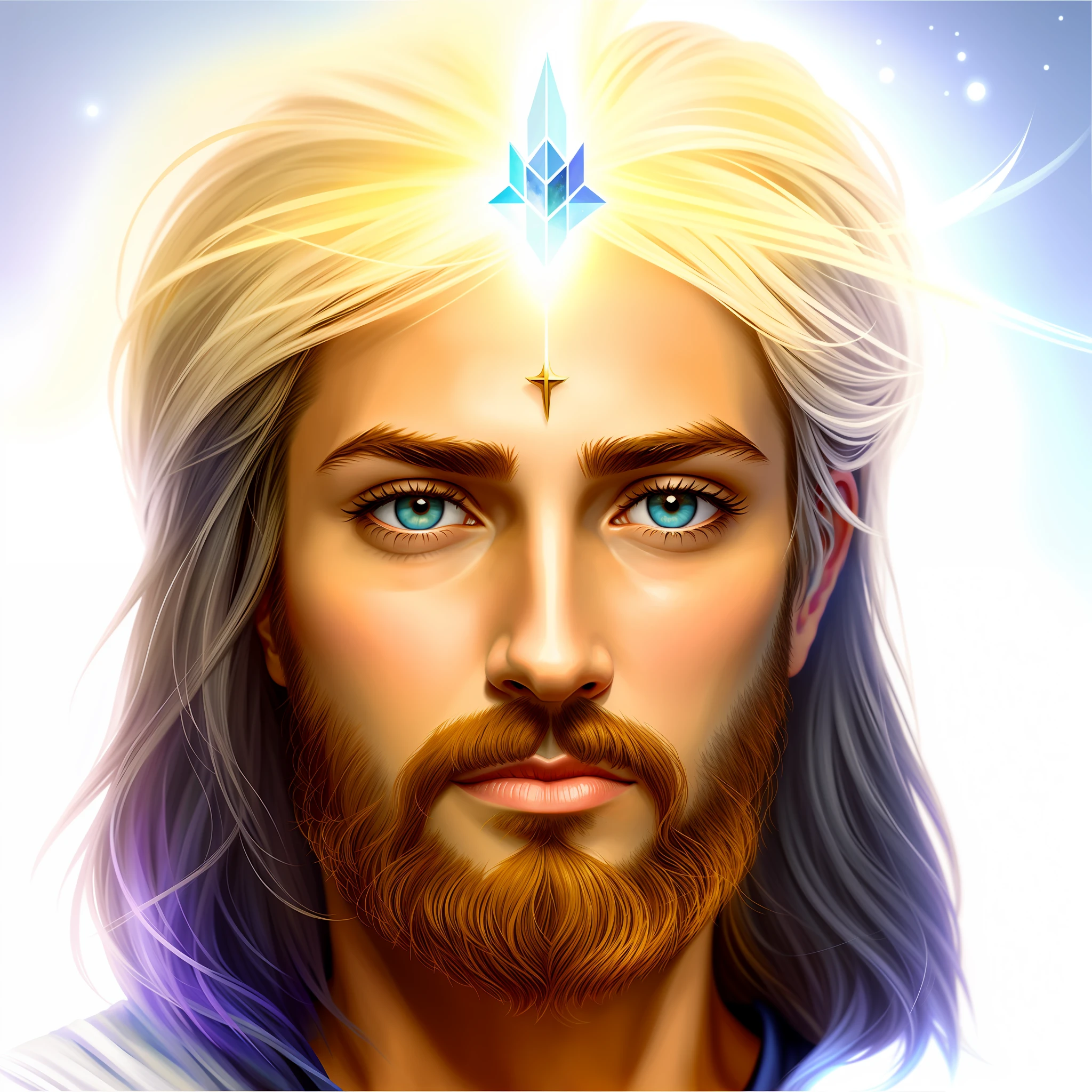 uma pintura de um homem com cabelos longos e barba, retrato masculino da fantasia, retrato de fantasia digital, Mito grego pintura digital, Retrato de Jesus Cristo, Jesus Cristo, retrato de fantasia fosco detalhado, digital illustation, pintura digital renascentista, retrato da arte da fantasia, ser angelical brilhante, retrato da fantasia, pintura digital detalhada, rosto de jesus, Godrays pintura digital, Arte digital detalhada em 4k