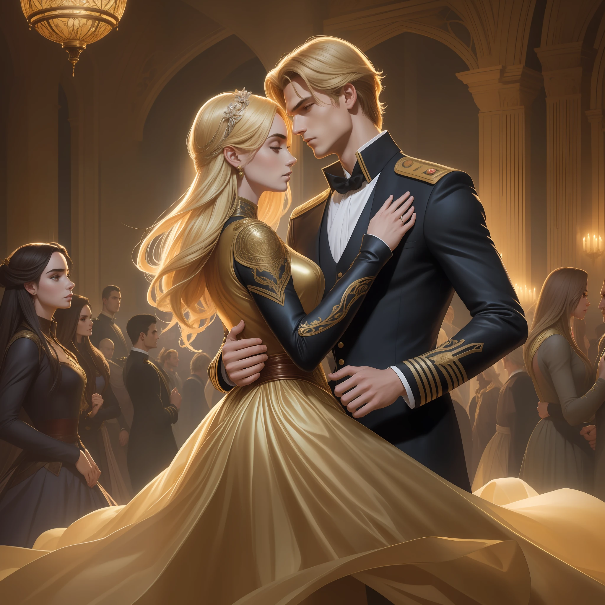 Couple dancing in the ballroom (Neels Visser is a blonde-haired prince), veste uma roupa militar medieval.  (Lily Collins tem preto cabelo negro ondulado e usa um vestido vermelho medieval), Illustration of a novel book cover with a detailed background, liso, brilhante as, Anel luminoso, dynamic lighting, ethereal lighting, ultra detalhe, arte conceitual, elegante, surreal, arte por Lisa Aisato, Greg Hildebrandt, Citemer Liu, Stjepan Sejic, Samyang, Aykut Aydogdu, Justino Geraldo, Alphonse Mucha, Artgerm, WLOP e Greg Rutkowski