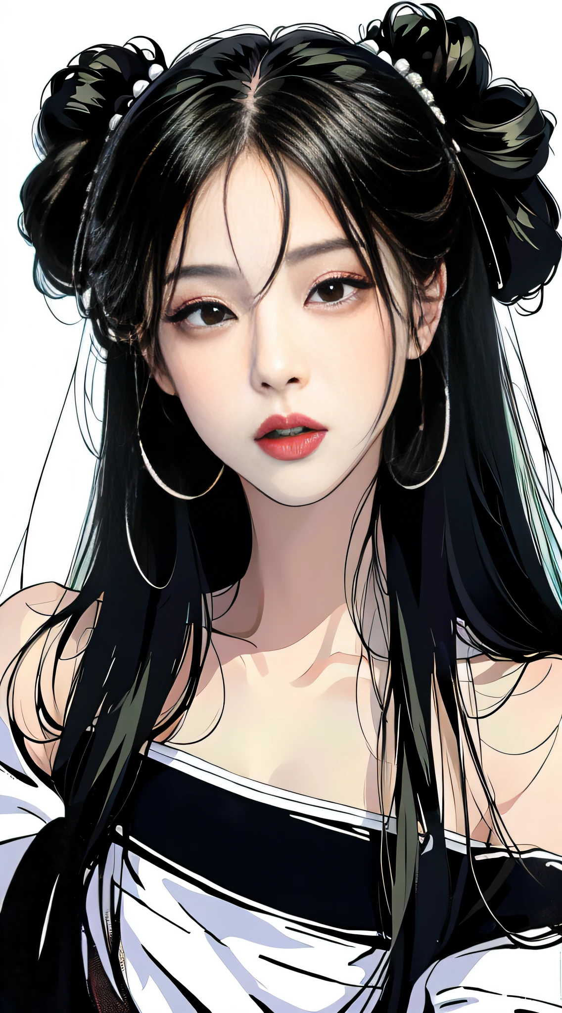 MASTERPIECE,Best,((pure white background)),Light effect,superclear, the high,-definition picture, (front face) solo,_Kim Ji-ni Jennie face,Black balls,Wear a black pale green T-shirt,cleavage,