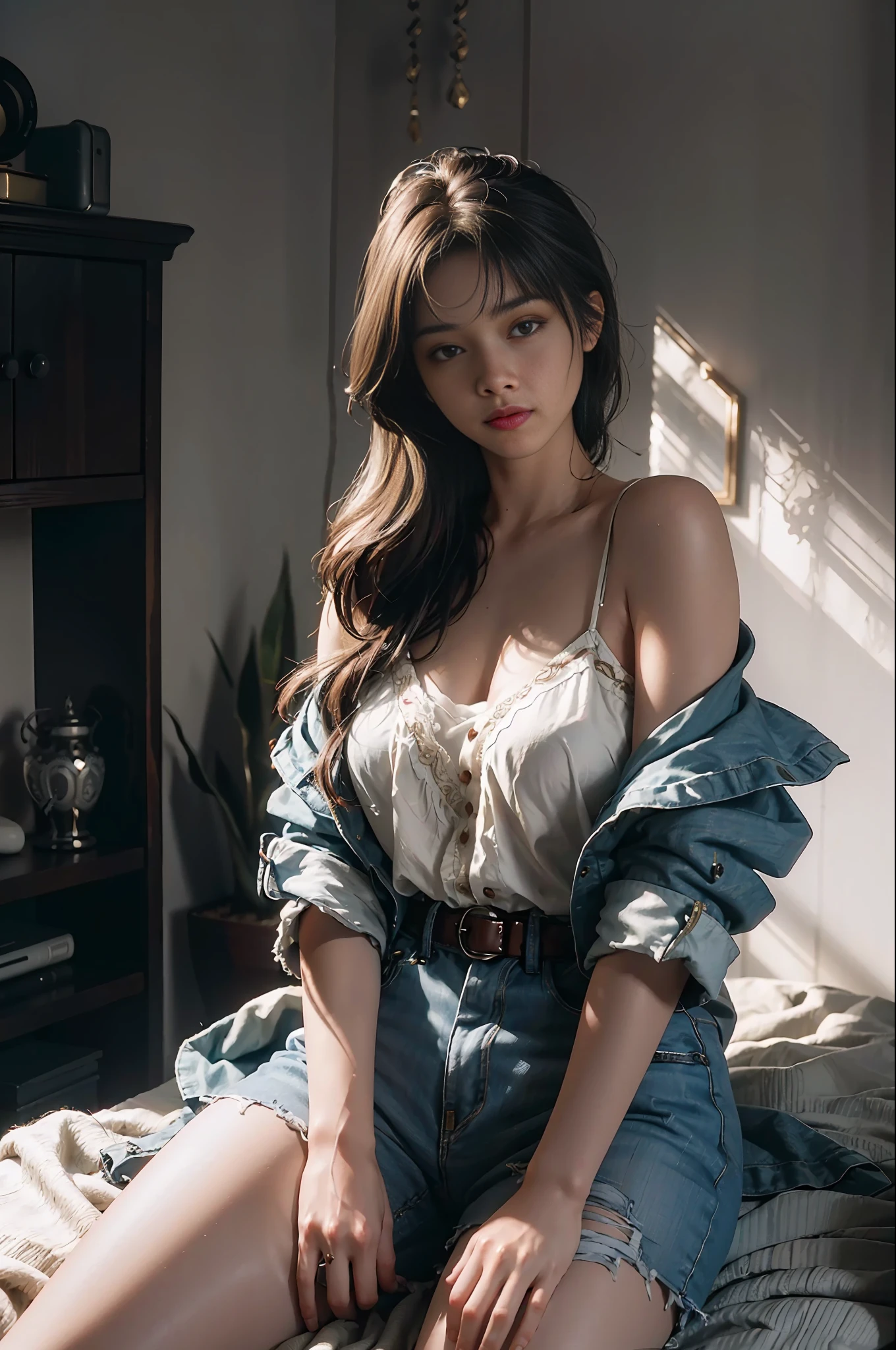 (RAW photo, 4k, masterpiece, high res,  extremely intricate) (photorealistic:1.4), cinematic lighting
1girl, solo focus, summer noon, hot, 1990s \(style\),cowboy shot,indoors, sexy sleepwear,