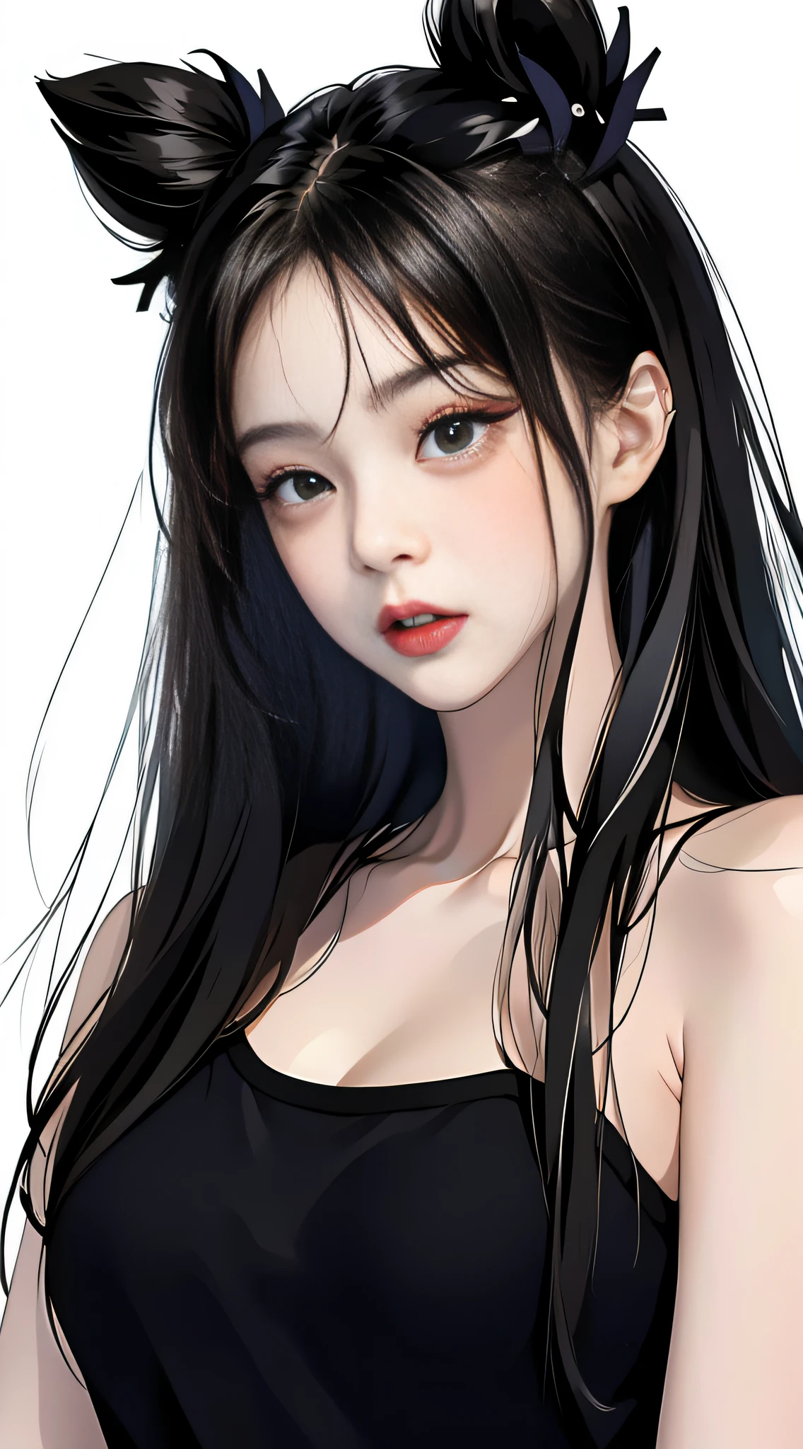 MASTERPIECE,Best,((pure white background)),Light effect,superclear, the high，-definition picture, (front face) solo,_Kim Ji-ni Jennie face，Black balls，Wear a black pale green T-shirt，cleavage，