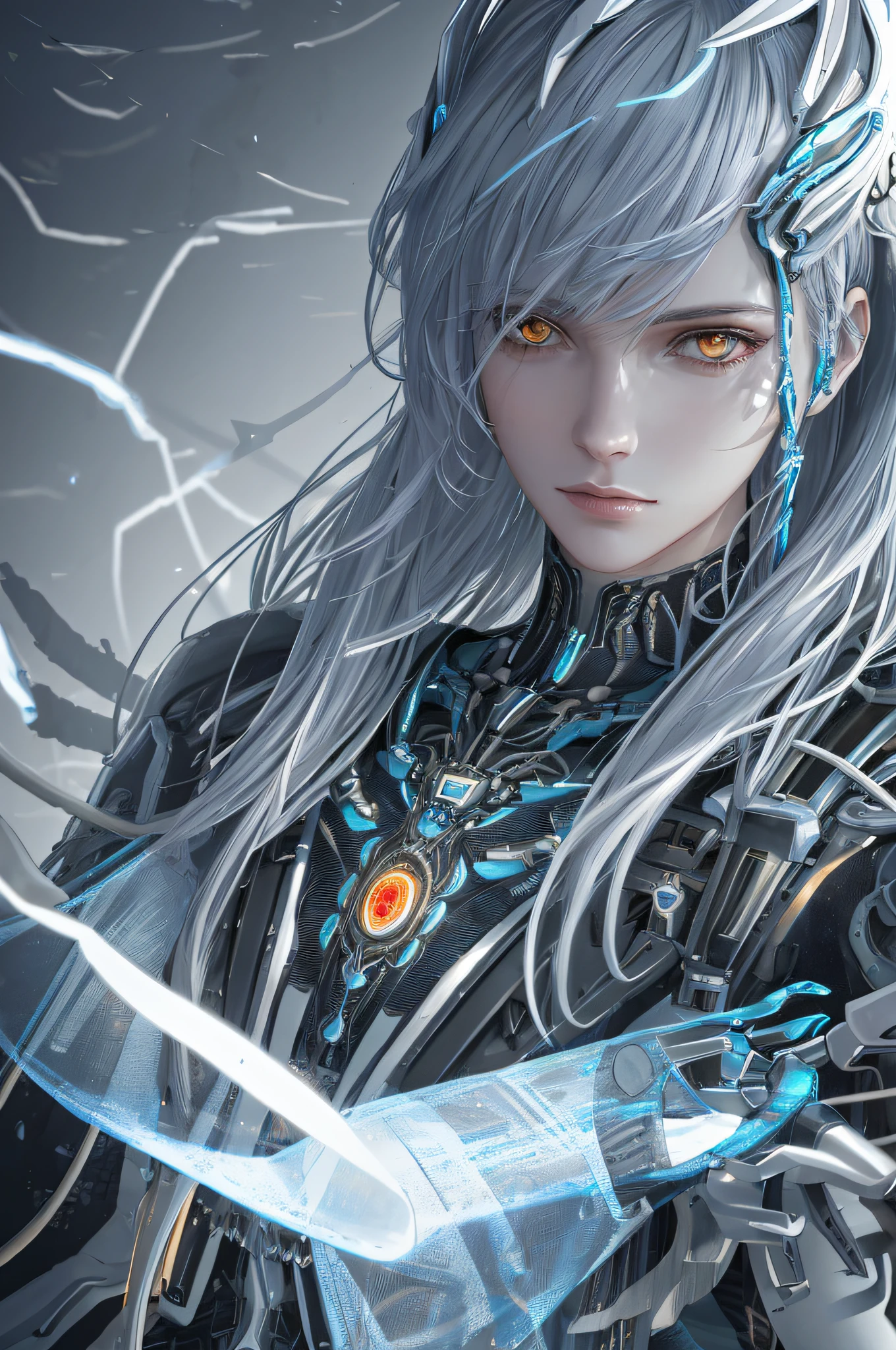 1mechanical girl,((ultra realistic details)), portrait, global illumination, shadows, octane render, 8k, ultra sharp,metal,intricate, ornaments detailed, cold colors, egypician detail, highly intricate details, realistic light, trending on cgsociety, glowing eyes, facing camera, neon details, machanical limbs,blood vessels connected to tubes,mechanical vertebra attaching to back,mechanical cervial attaching to neck,sitting,wires and cables connecting to head