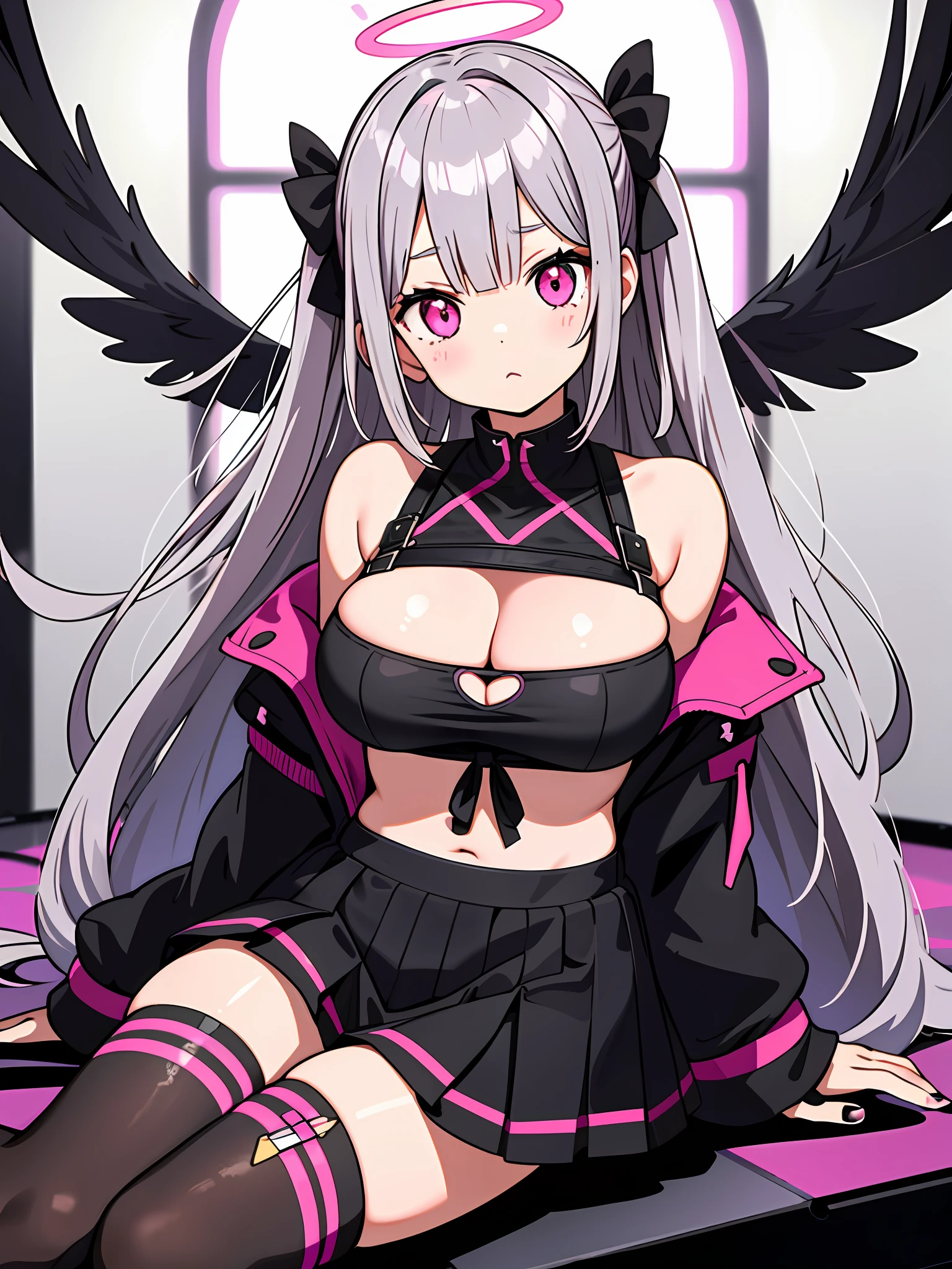 1 girl, floating sitting pose, pink halo, gray straight hair, big black hair bow, black goth tight sweater with boob window, pink harness on chest, long black nails, fashion pink skirt with patches, mismatched thigh high stockings, cute gray wings on her back, with bandaids, adhesive bandage, stickers on her clothes, stickers on cheek, moles, cleavage_cutout,mismatched_legwear ,asymmetrical_legwear,menhera