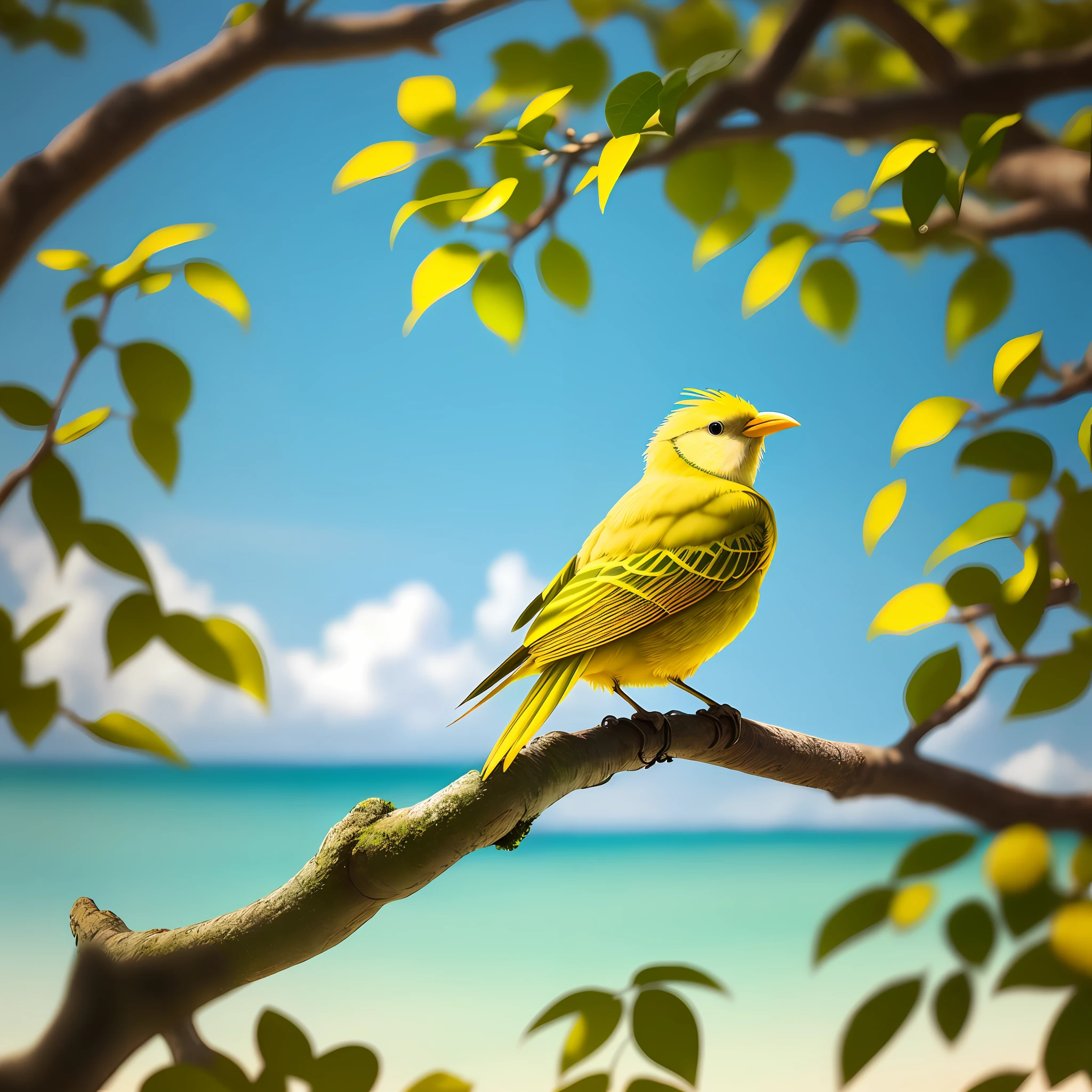 a branch of a green tree, a yellow bird on that brach , sat happily