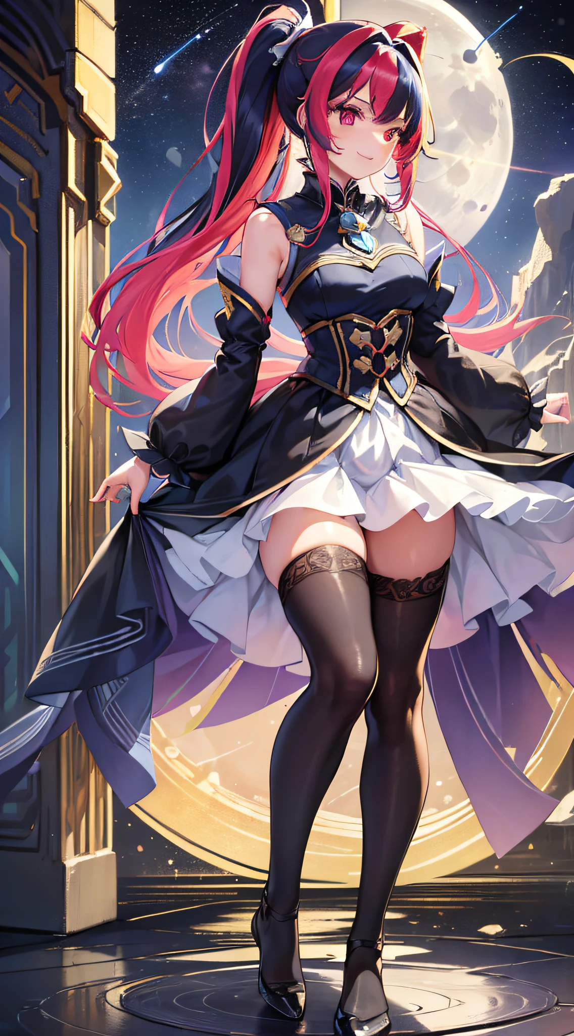 ((masterpiece)), ((best quality)), best shadow, extreme delicate aesthetics, dynamic angle, fine detail, depth of field, 1girl, ((high ponytail)), [gold|blue|pink]_hair, ((multicolored hair: 1.25), (long hair: 1.2), (red eye: 1.3), hand details, leg details, standing, (goddess outfit: 1.5), full body, enchanting, light smile, ((in space )), (moon), (moonlight), star-studded, night, outdoors, starry sky, beautiful, ((black stockings))