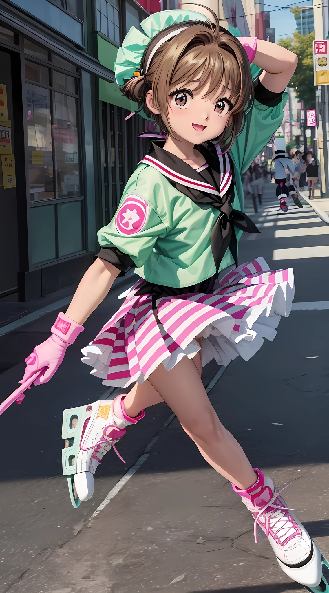 "obra prima, alta qualidade, Kinomoto Sakura, dia ensolarado, nuvens, happy expression, olhos verdes, patins rosas, roupa de escola japonesa preta, skating with his shock pink skates on the street of Japan, with smooth animation effects and blurry background."