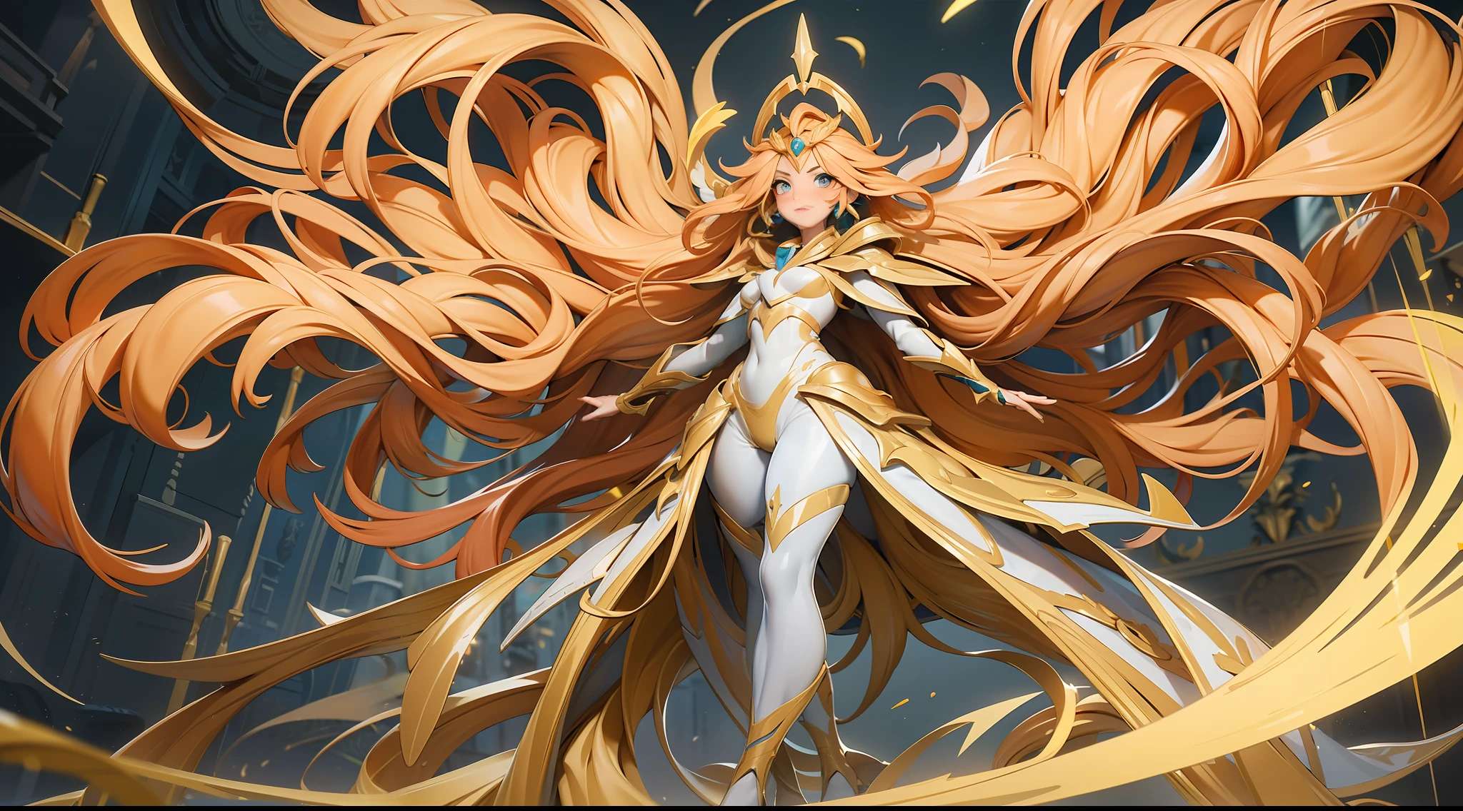 full body picture Unreal Engine 5 8K UHD of a beautiful adult goddess, long dark yellow hair, wearing futuristic gold and white tight battle suit, futuristic tight mask, futuristic neck collar, golden light details, golden energy wings, earrings, golden energy crown, flying on the sky, best quality, masterpiece