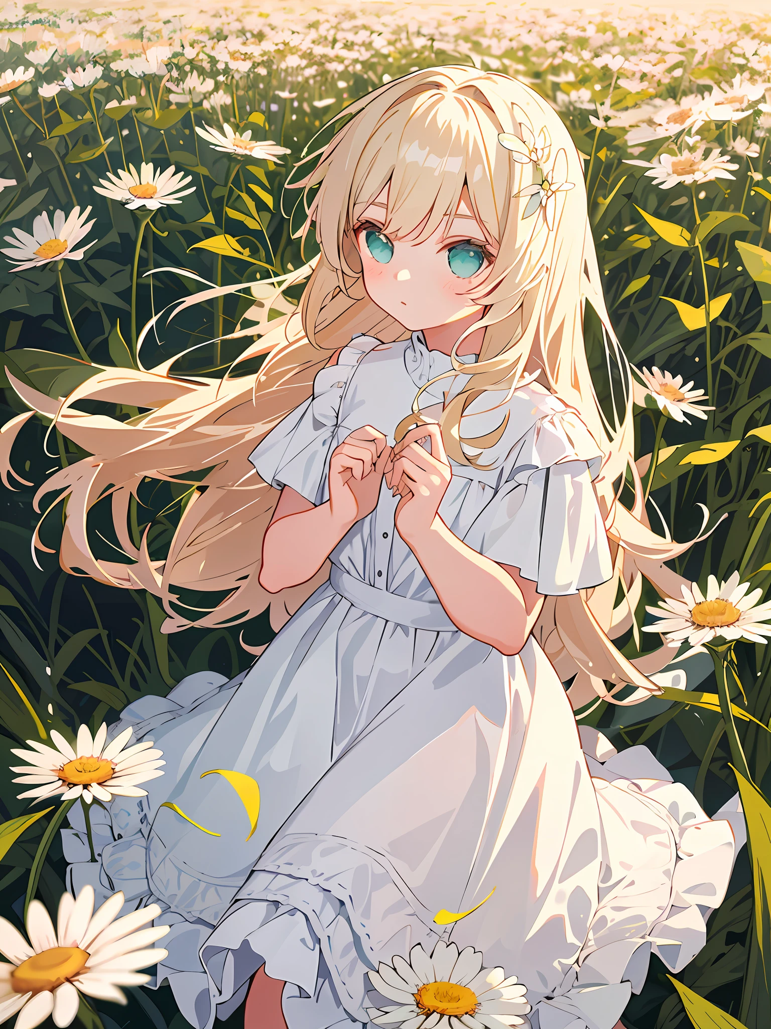 MASTERPIECE，The best quality，One with light-colored hair，Girl in soft clothes，Looking at the girl in the dandelion flower field with no future