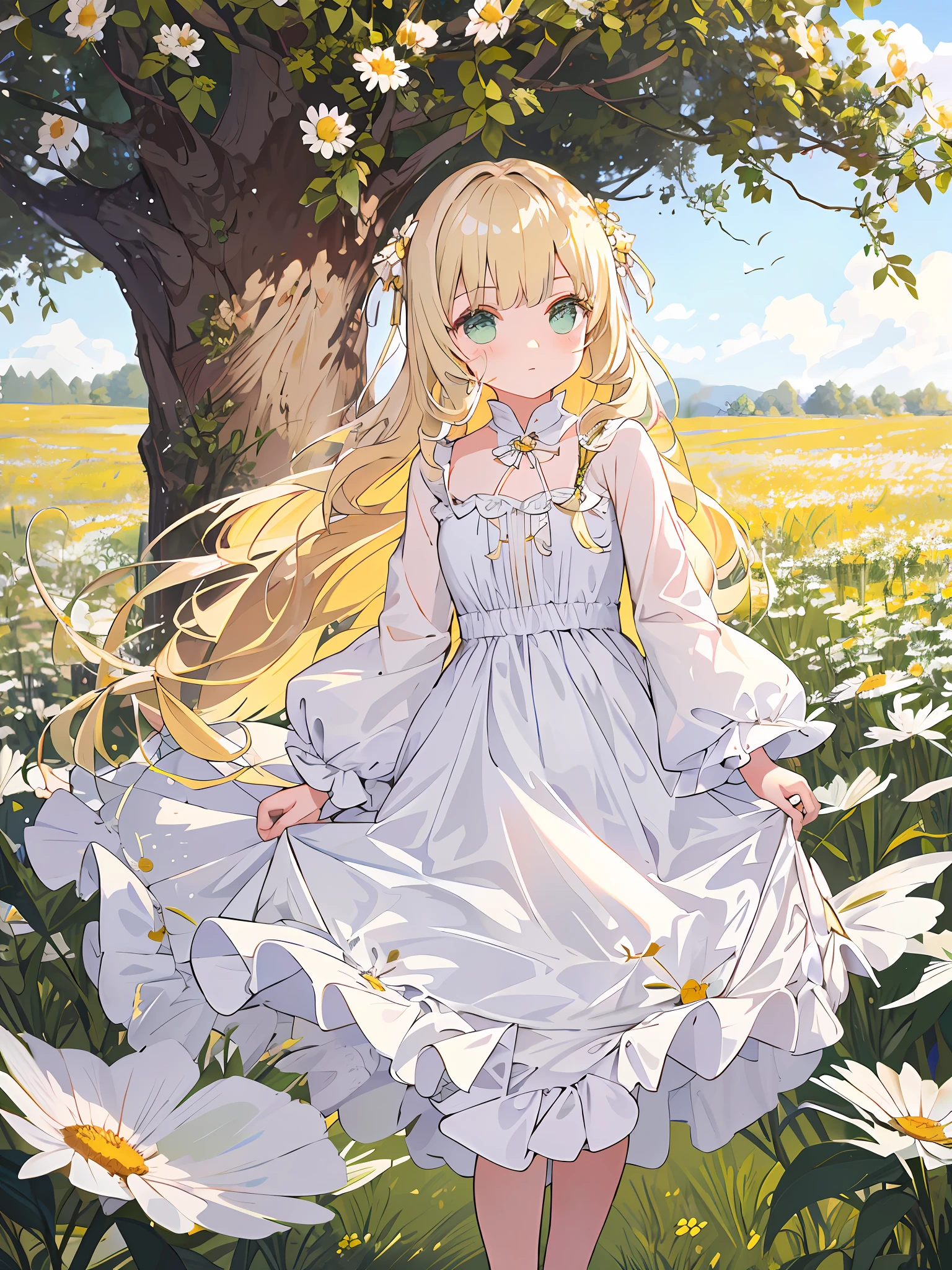 MASTERPIECE，The best quality，One with light-colored hair，Girl in soft clothes，Looking at the girl in the dandelion flower field with no future